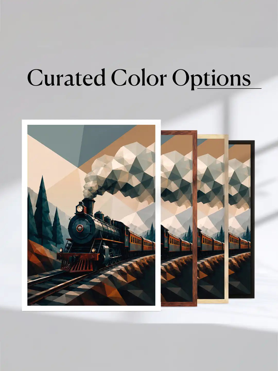 Travel and transportation wall art set of 3 - geometric train landscape artwork - mountain railway illustration - black wooden frames - Spaces Unhooked