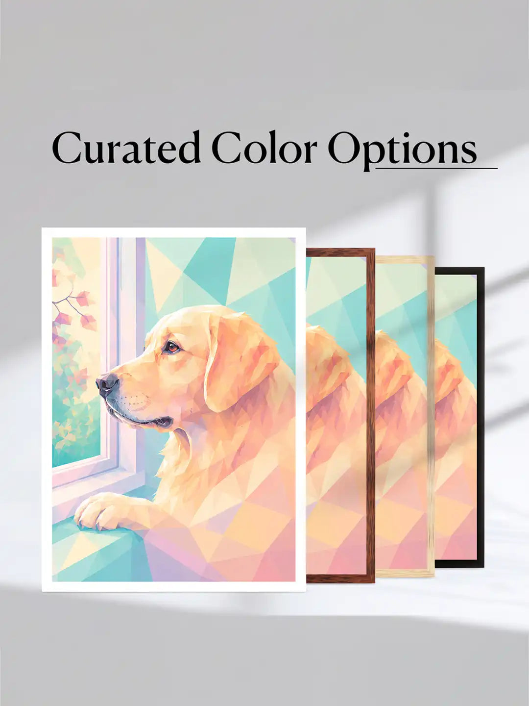 Geometric dog wall art set of 3 - contemporary pet illustration artwork - pastel animal decor - black wooden frames - Spaces Unhooked