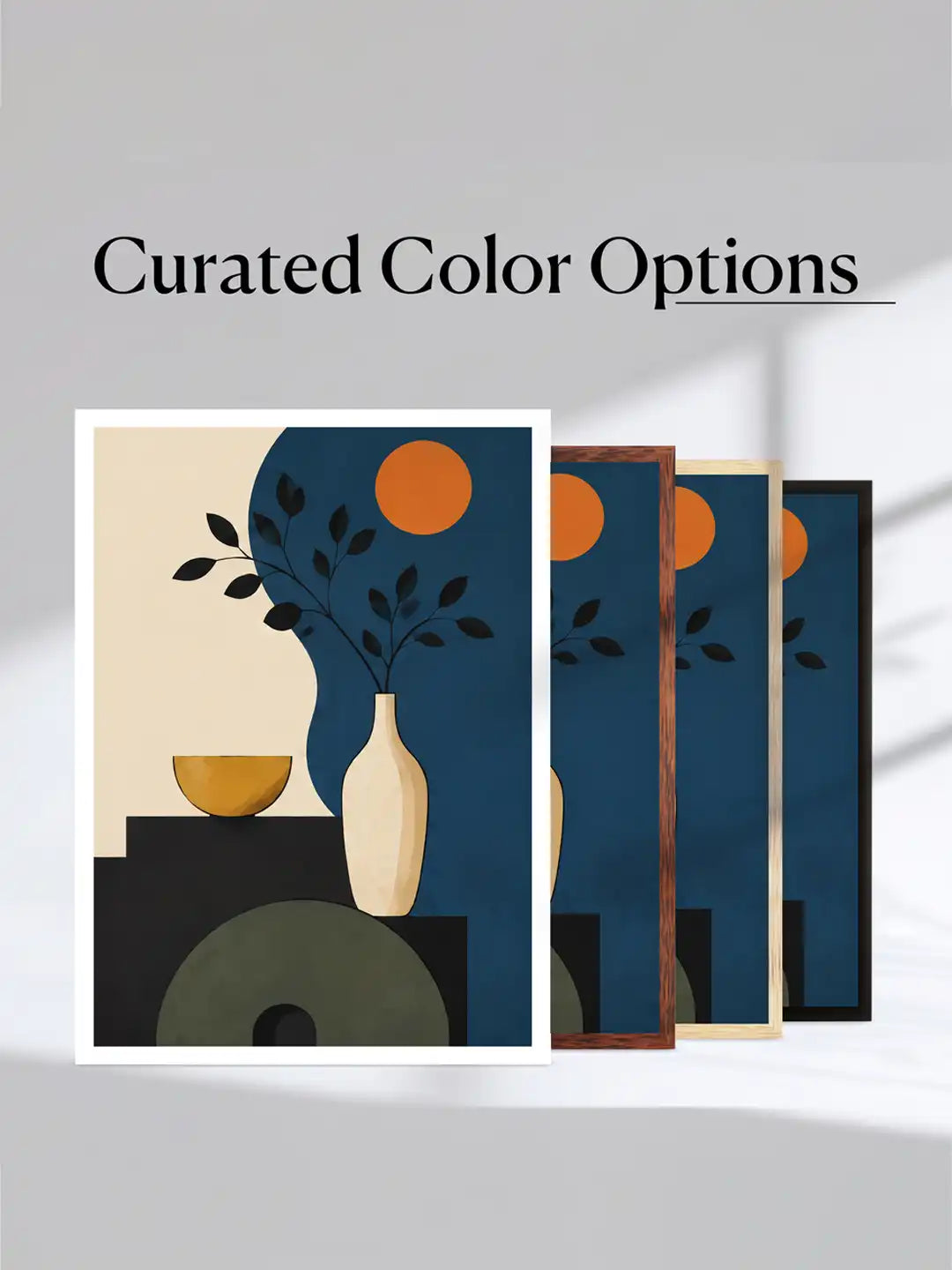 Mid-century modern wall art set of 3 - geometric still life illustration - retro contemporary decor - black wooden frames - Spaces Unhooked