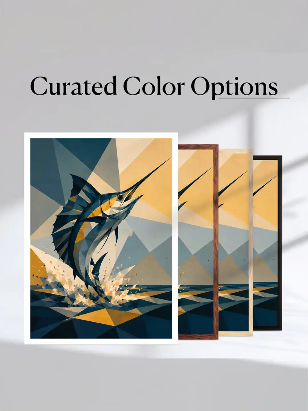 Low-poly coastal wall art set of 3 - geometric ocean illustration artwork - lighthouse and marine decor - black wooden frames - Spaces Unhooked