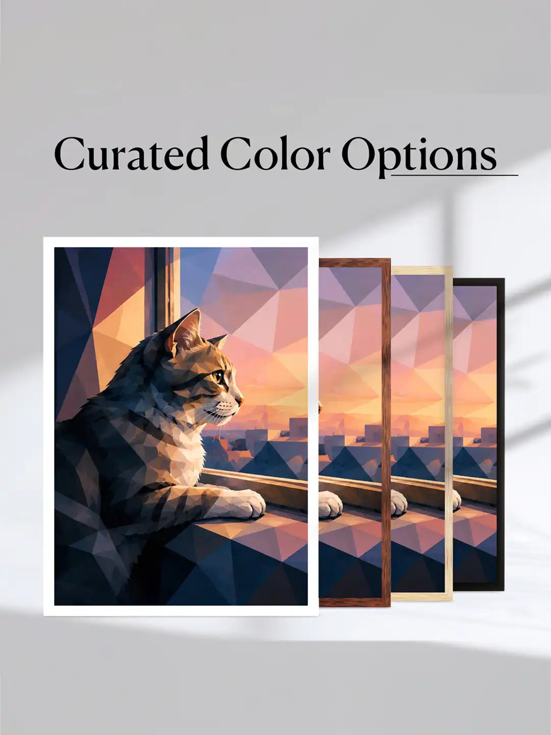 Low-poly cat wall art set of 3 - geometric pet illustration artwork - contemporary animal decor - black wooden frames - Spaces Unhooked