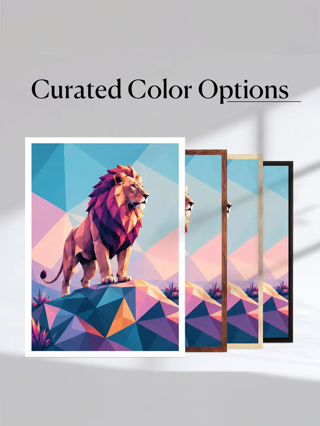 Low-poly wildlife wall art set of 3 - geometric lion illustration artwork - modern geometric decor - black wooden frames - Spaces Unhooked