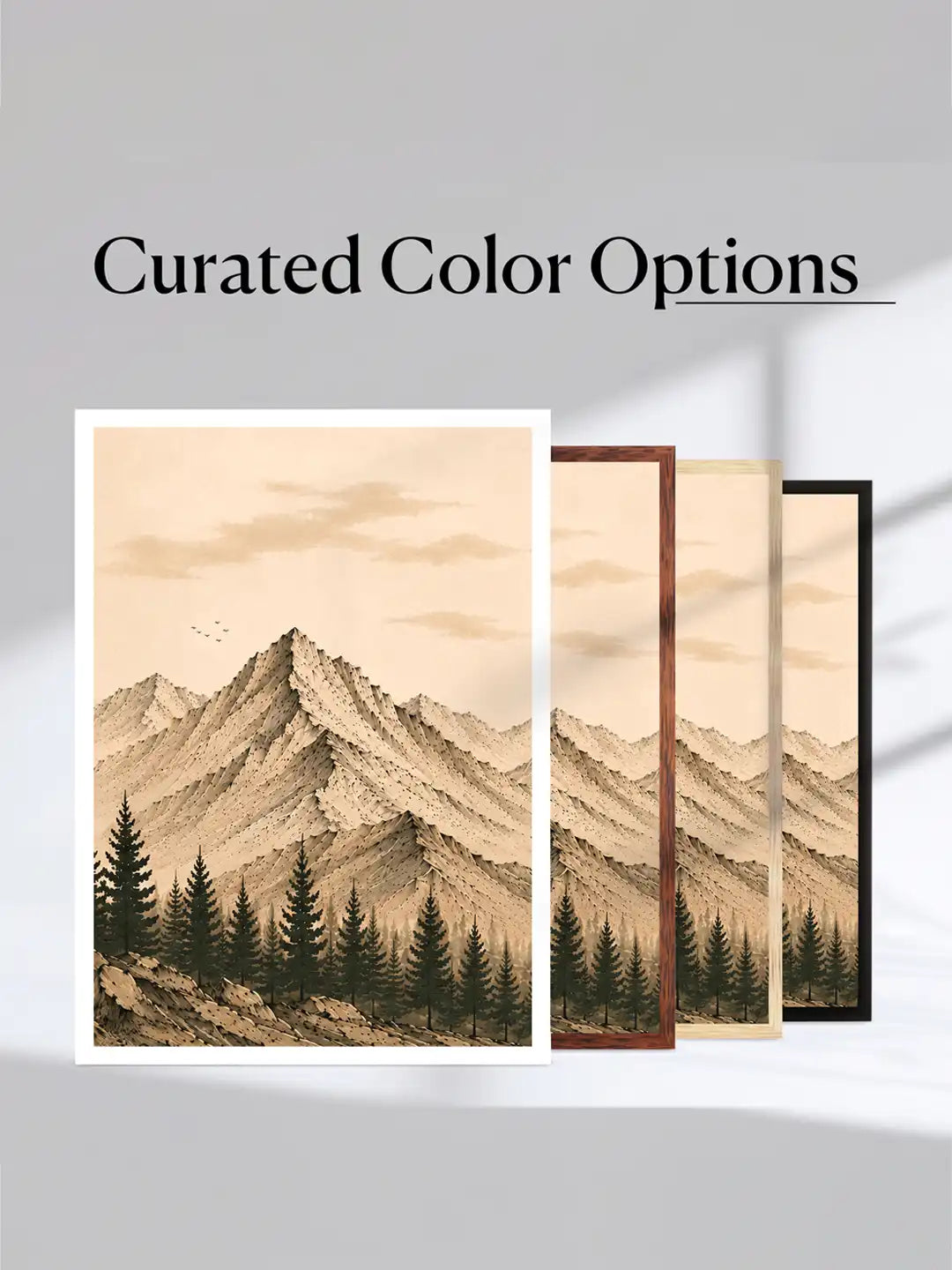 Ink Wash Illustration - Minimalist Zen Mountain Landscape Sepia - Black Wooden Wall Frames - Spaces Unhooke