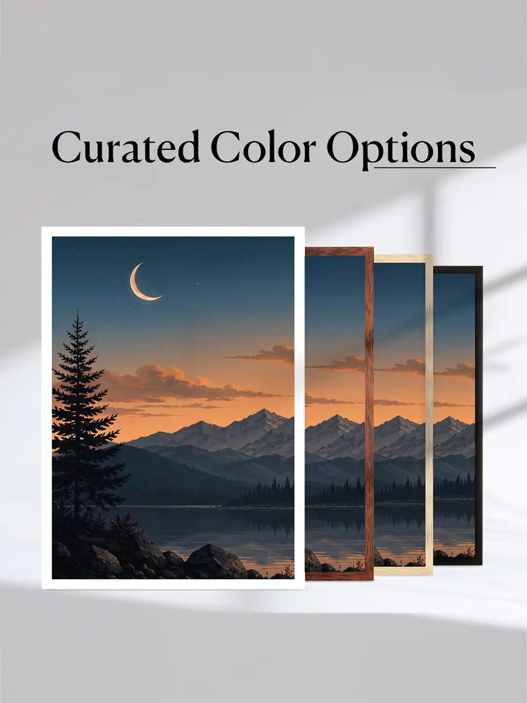 Digital Matte Painting - Mountain Sunset Alpine Lake - Black Wooden Wall Frames - Atmospheric Landscape - Spaces Unhooked