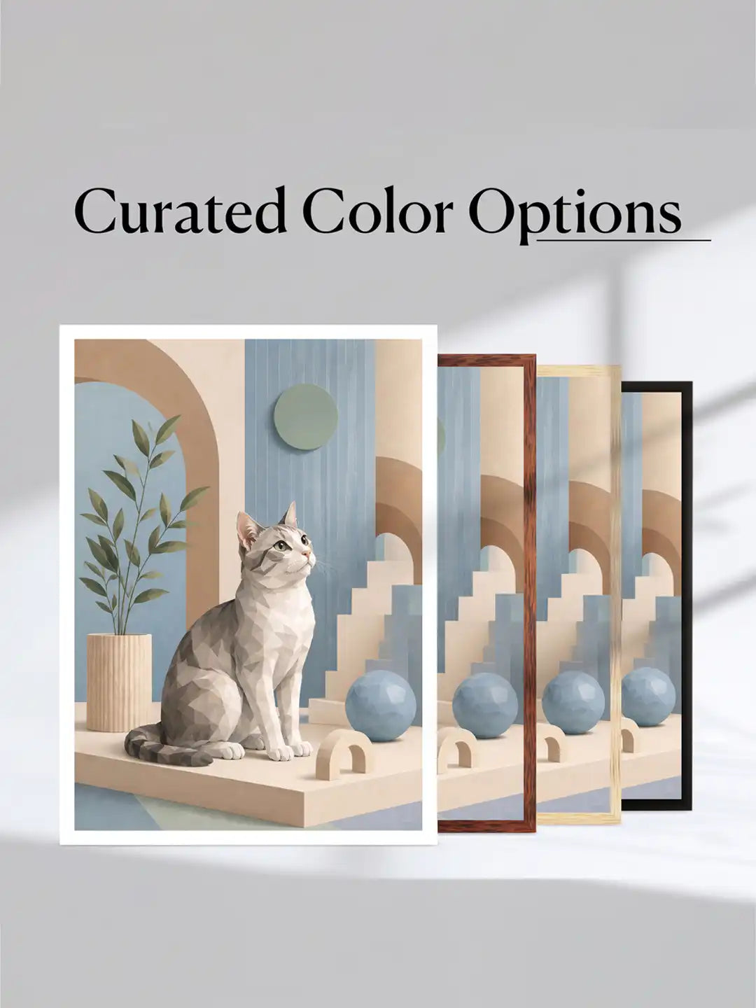 Low Poly Illustration - Playful Cat Geometric Minimalism - Black Wooden Wall Frames - Spaces Unhooked