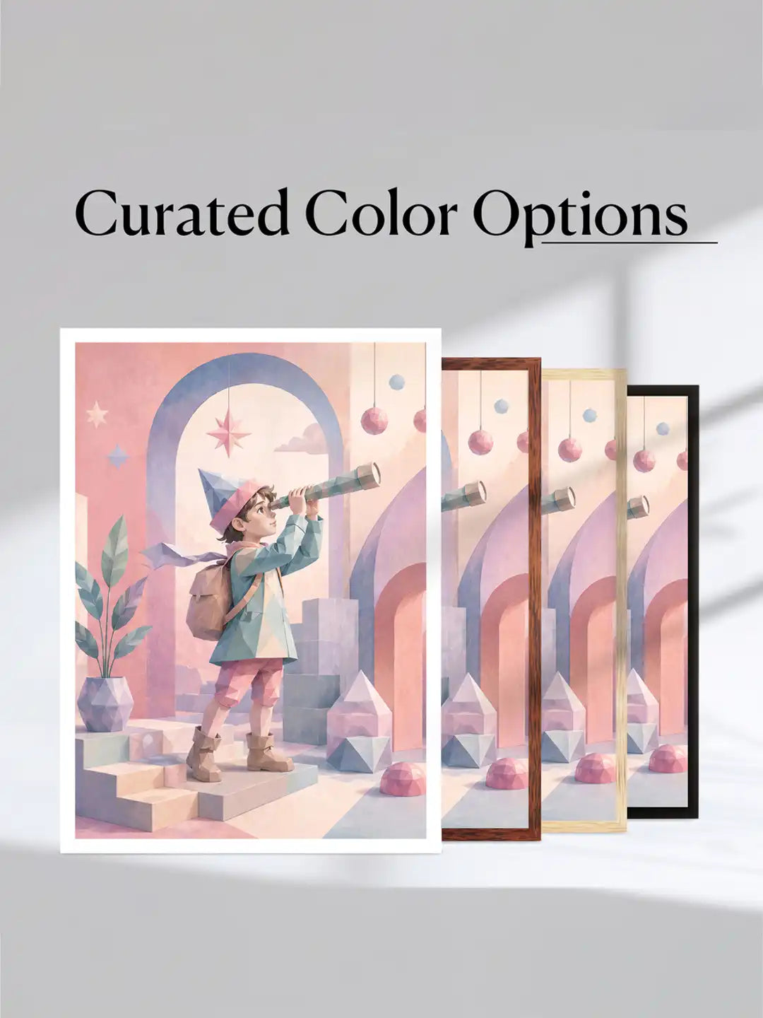 Low Poly Illustration - Childhood Imagination Fantasy Kids - Black Wooden Wall Frames - Spaces Unhooked