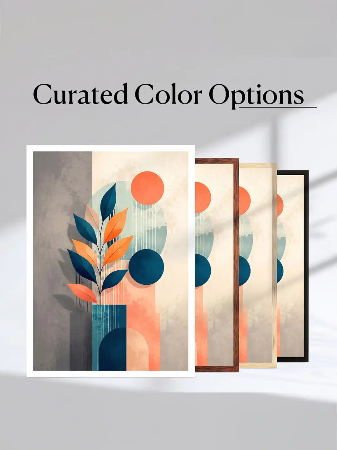 Vector Illustration - Geometric Botanical Still Life Navy Orange - Black Wooden Wall Frames - Spaces Unhooked