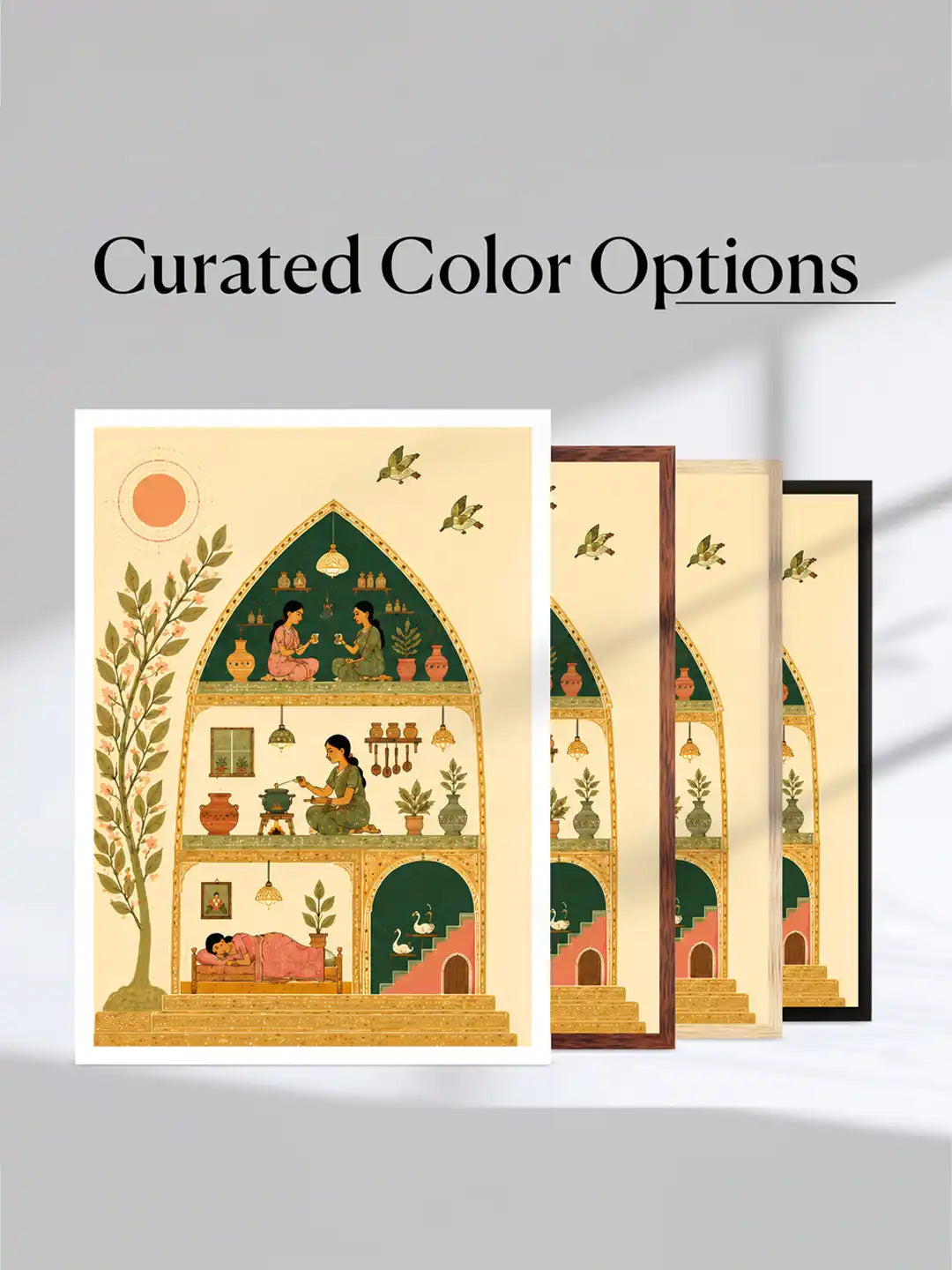 Narrative Illustration - Gond Art Domestic Life Indian Home - Black Wooden Wall Frames - Spaces Unhooked