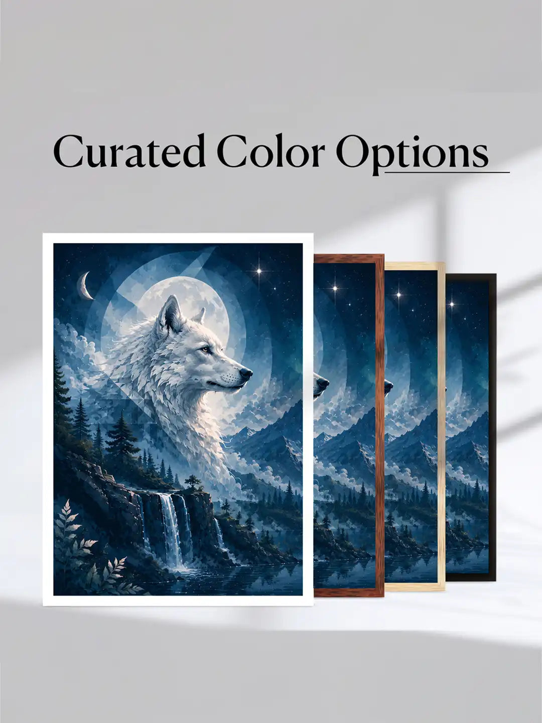 Digital Illustration - Celestial Wolf Spirit Night - Black Wooden Wall Frames - Nature Inspired Decor - Spaces Unhooked