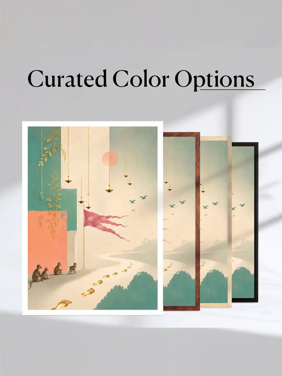 
Symbolic Minimalism - Ramayana Journey Devotion - Black Wooden Wall Frames - Contemporary Spiritual Pastel Heritage - Spaces Unhooked