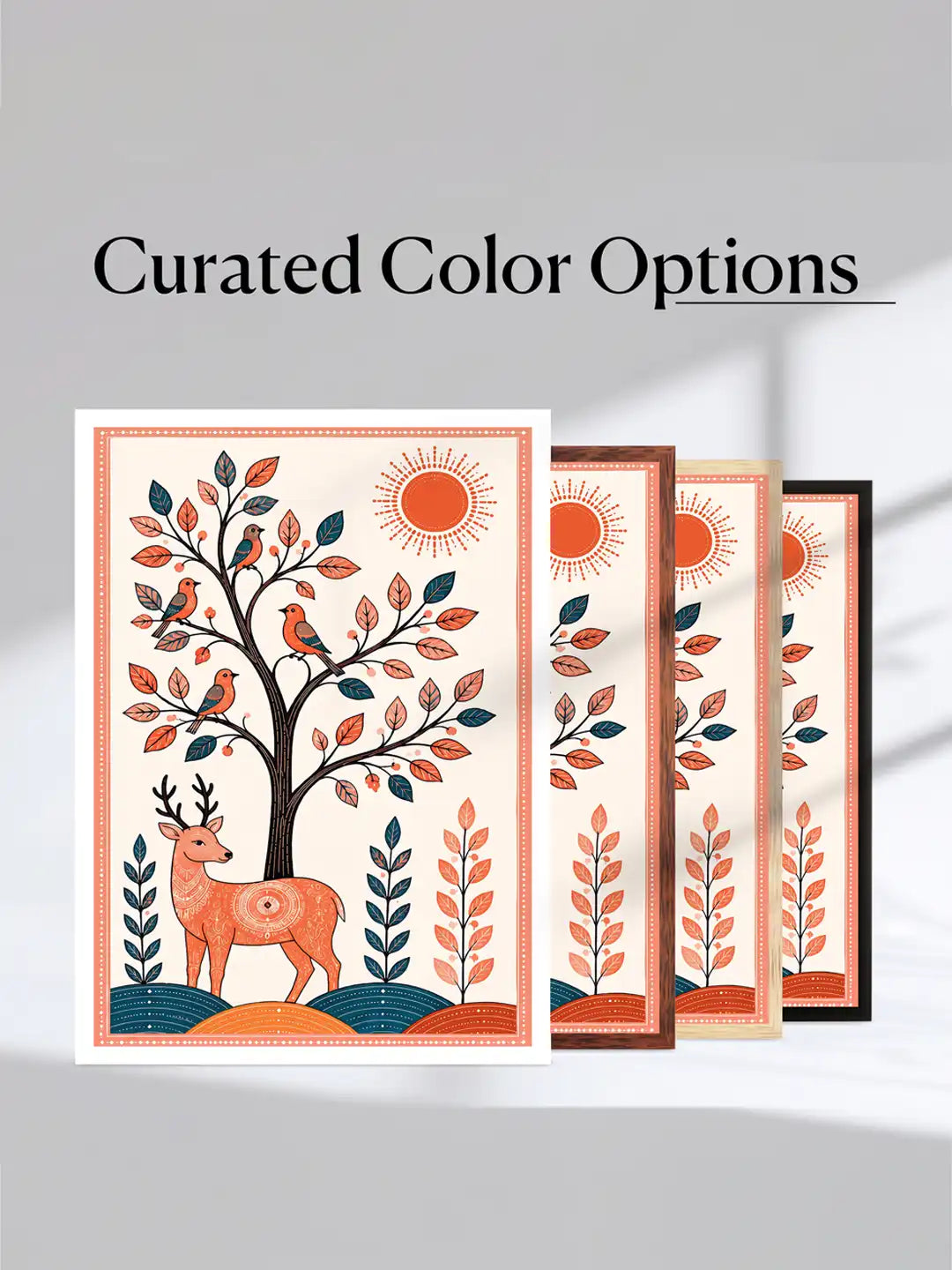 Madhubani Wildlife Art - Deer Elephant Peacock - Black Wooden Wall Frames - Traditional Modern - Spaces Unhooked