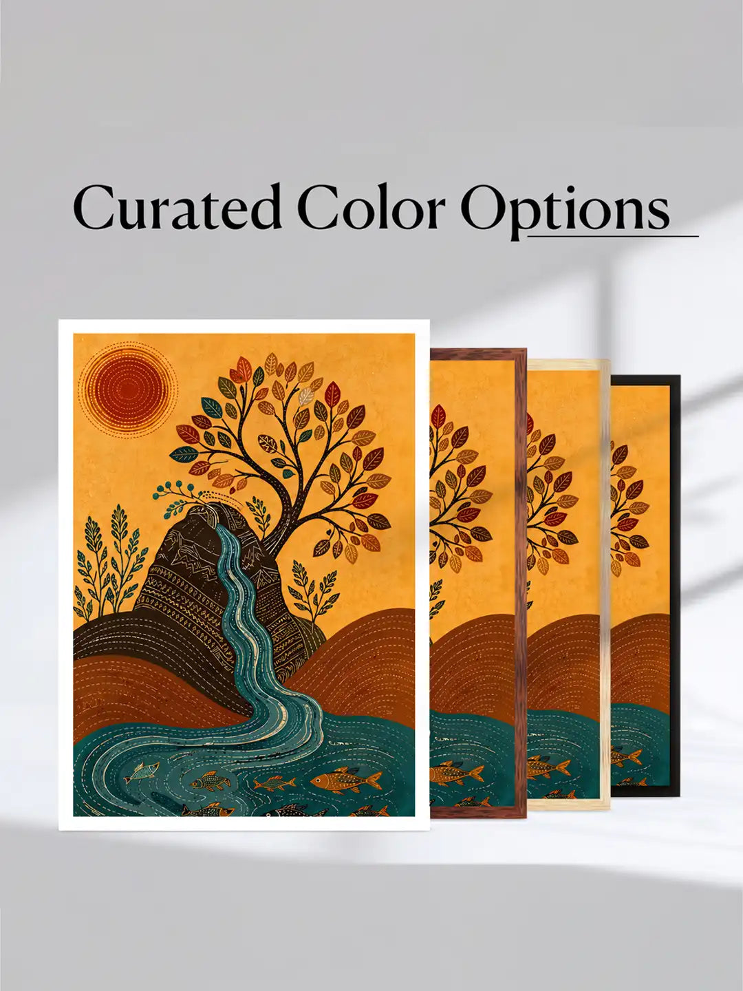 Madhubani Nature Cycle Art - River Tree Birds - Black Wooden Wall Frames - Traditional Modern - Spaces Unhooked