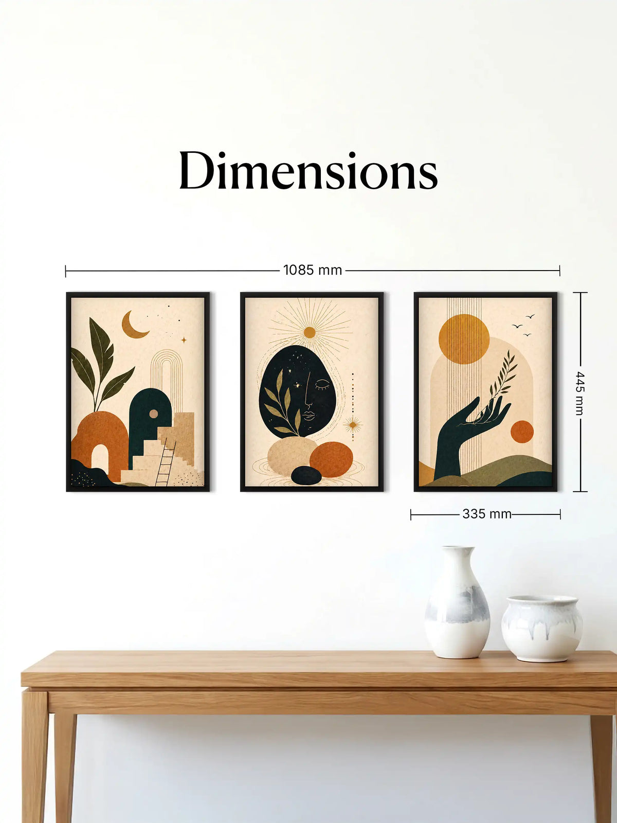Boho celestial wall art set of 3 - abstract botanical illustration artwork - modern celestial decor - black wooden frames - Spaces Unhooked