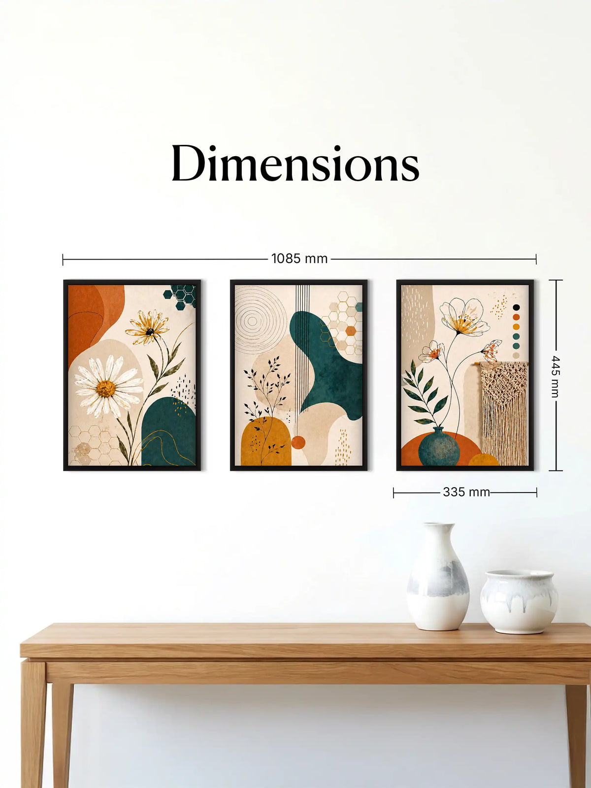 Boho botanical wall art set of 3 - abstract floral illustration artwork - modern botanical decor - black wooden frames - Spaces Unhooke