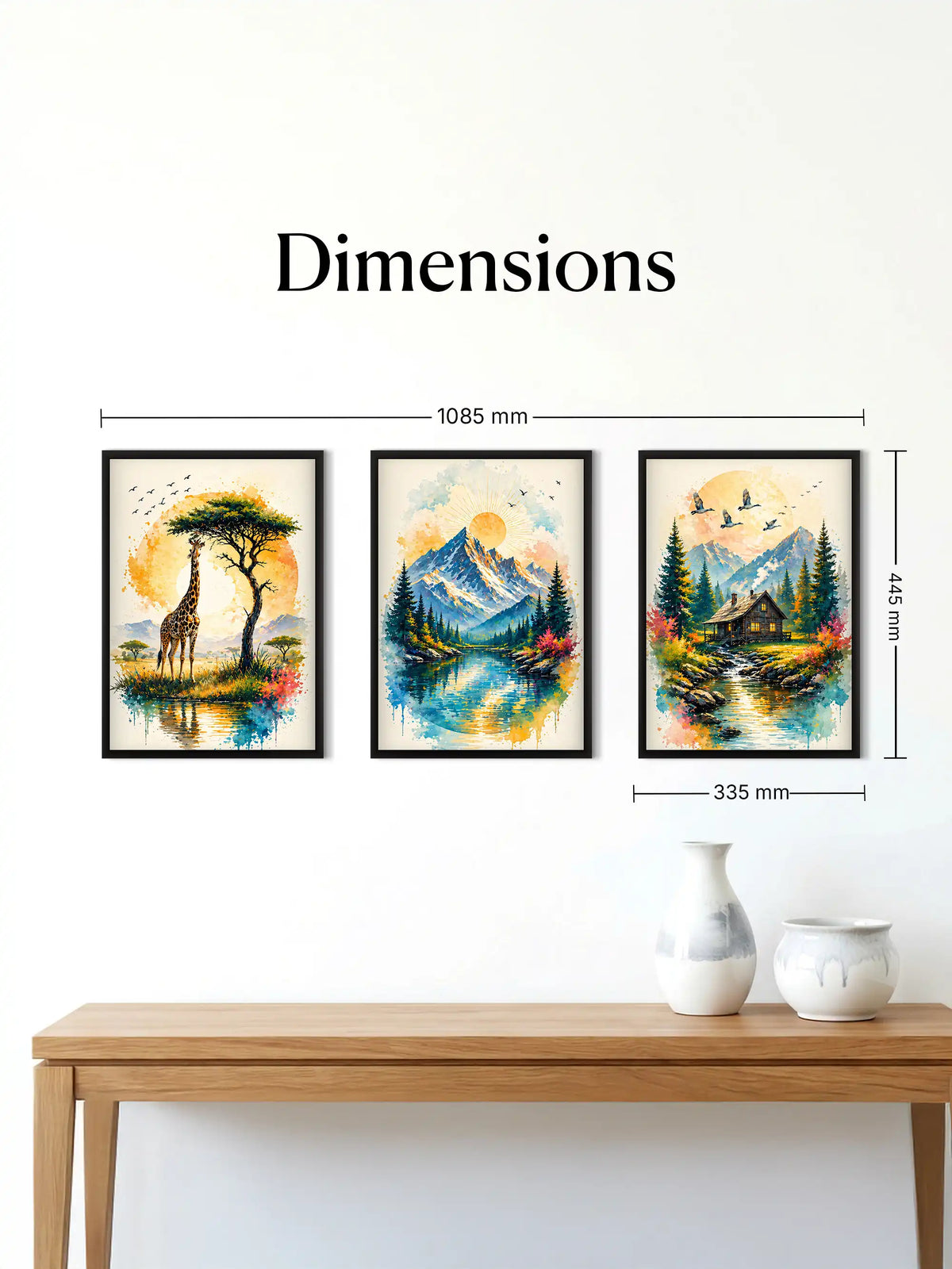 Watercolor wildlife nature wall art set of 3 - rustic contemporary landscape artwork - mountain and wildlife decor - black wooden frames - Spaces Unhooked