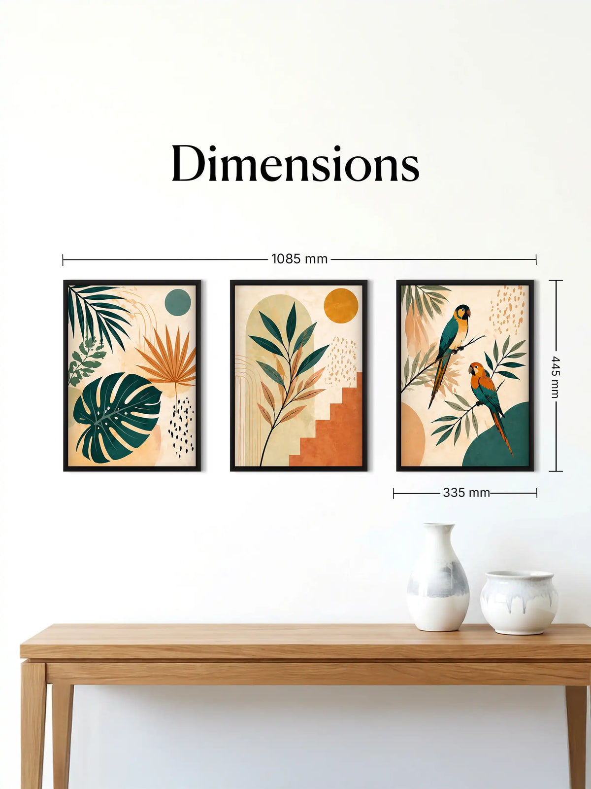 Boho tropical wall art set of 3 - botanical illustration artwork - tropical leaves and exotic birds decor - black wooden frames - Spaces Unhooked
