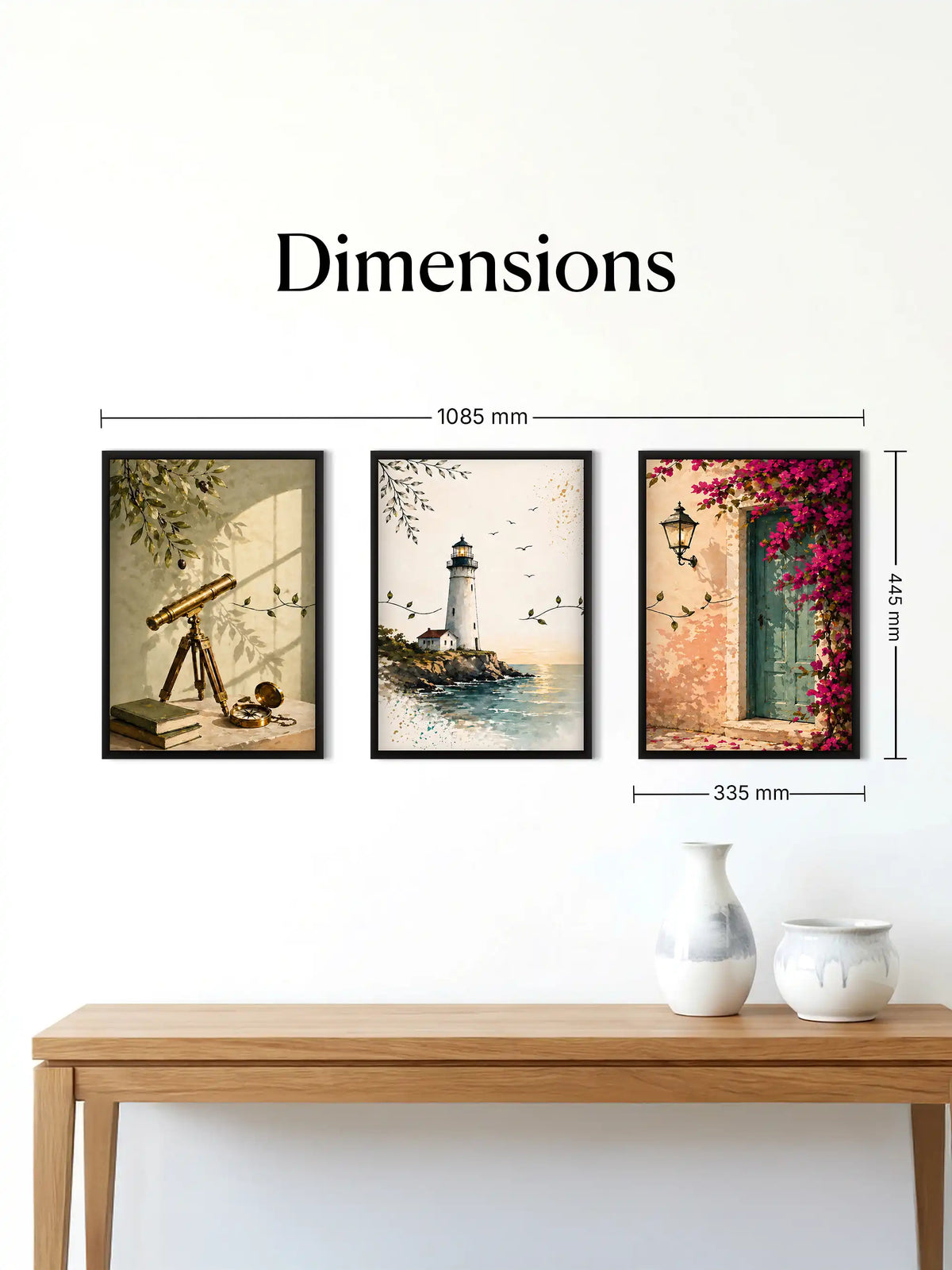 Coastal travel wall art set of 3 - exploration inspired illustration artwork - lighthouse and seaside decor - black wooden frames - Spaces Unhooked