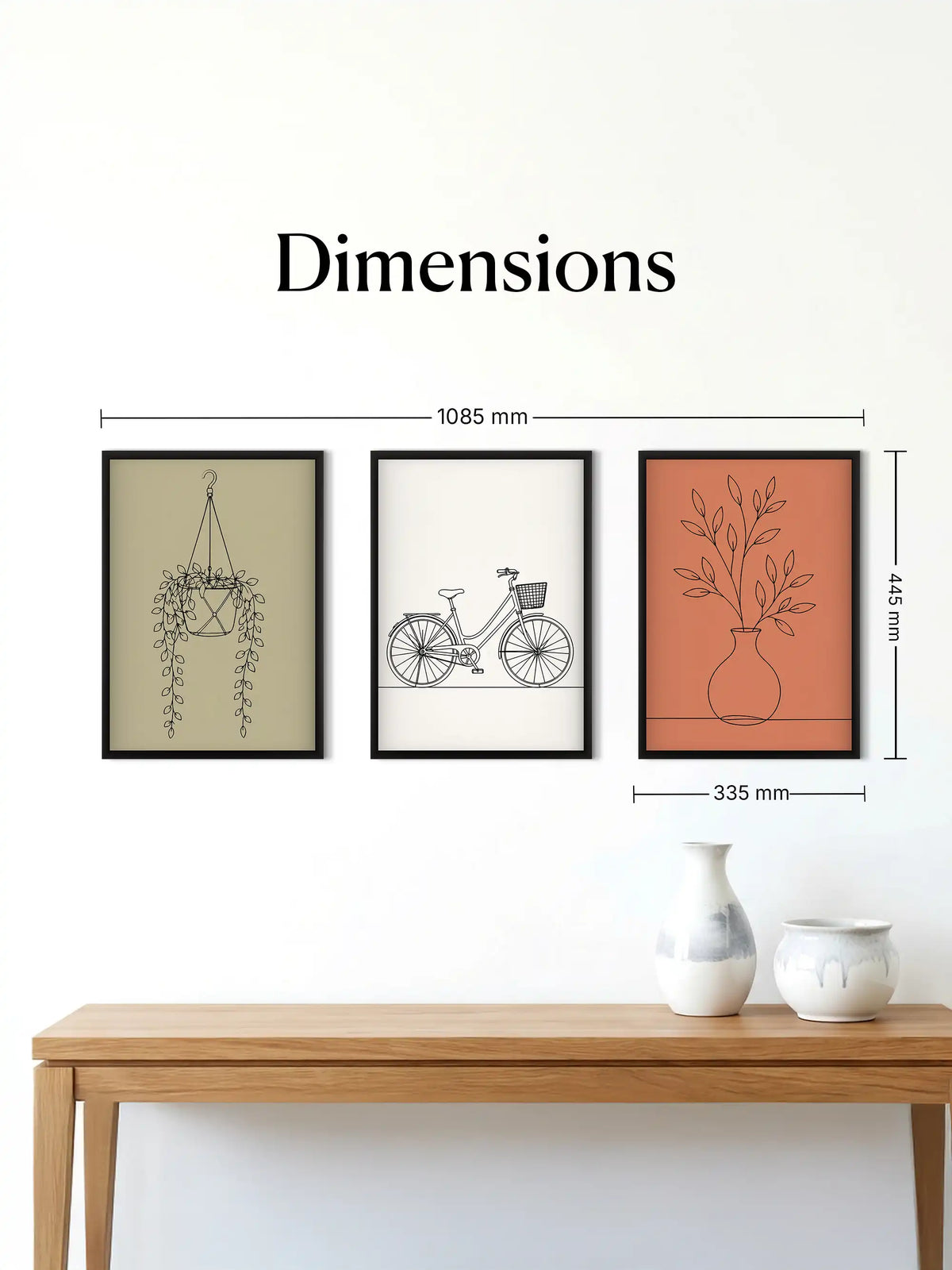 Japandi line art wall art set of 3 - everyday objects illustration artwork - minimalist home decor - black wooden frames - Spaces Unhooked