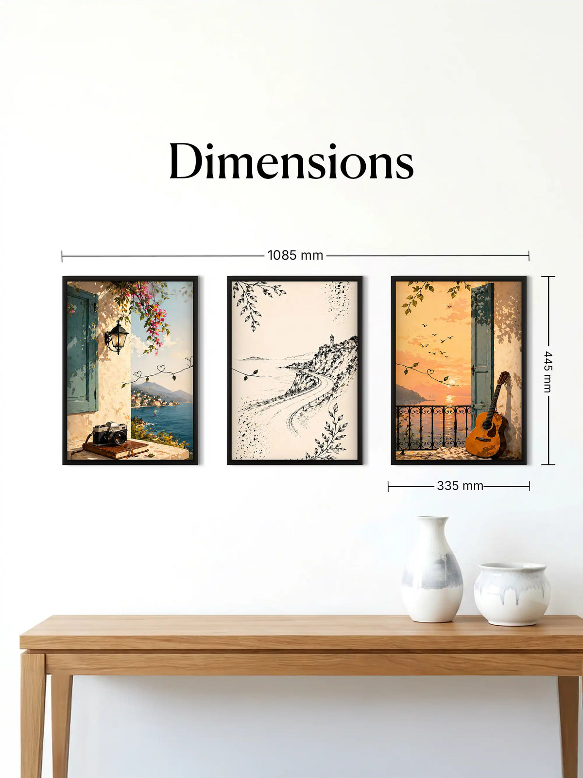 Mediterranean travel wall art set of 3 - coastal lifestyle illustration artwork - European seaside decor - black wooden frames - Spaces Unhooked