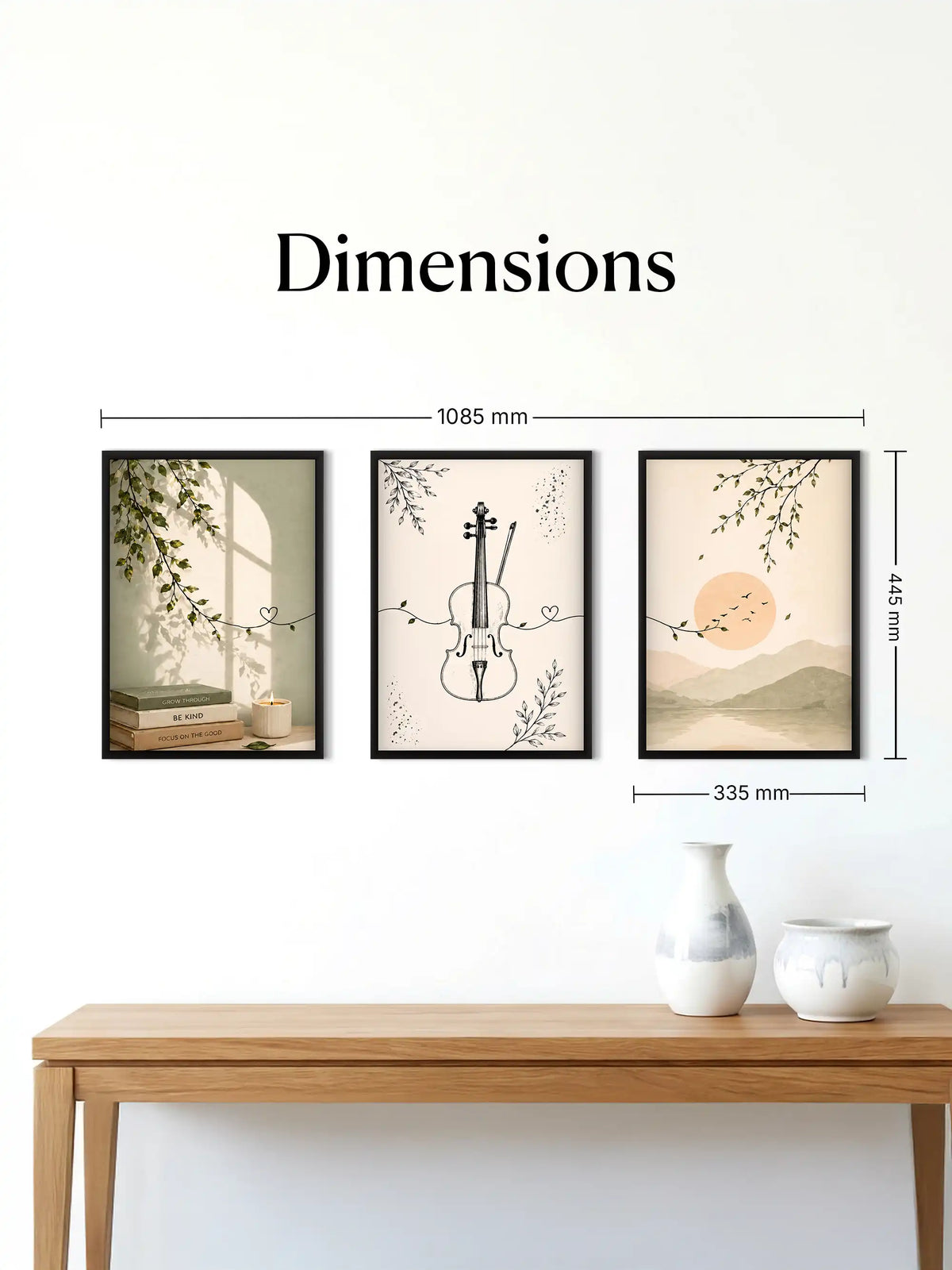 Japandi mindfulness wall art set of 3 - organic minimalism nature artwork - calming botanical decor - black wooden frames - Spaces Unhooked