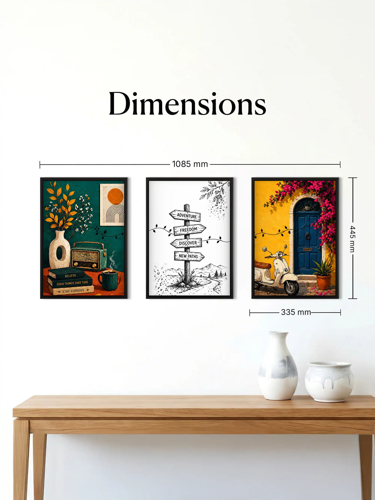 Lifestyle and travel wall art set of 3 - vintage eclectic illustration artwork - wanderlust inspired decor - black wooden frames - Spaces Unhooked