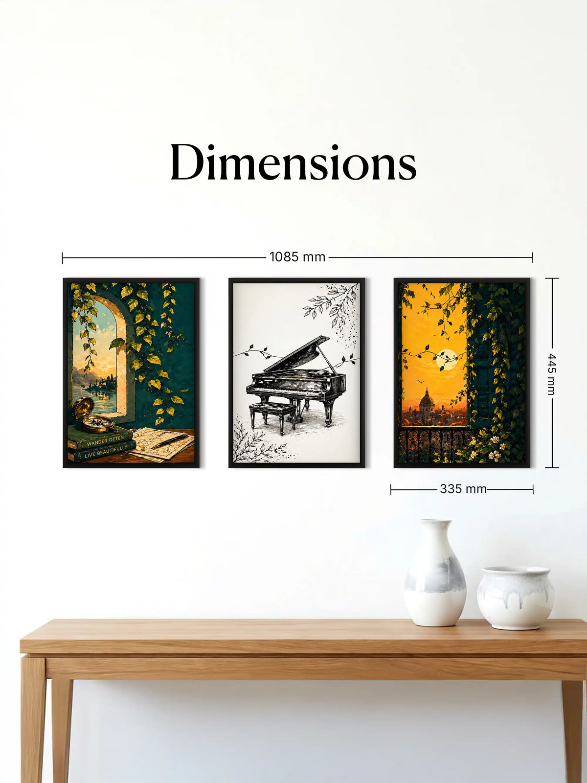 European vintage travel wall art set of 3 - cultural illustration artwork - architecture and exploration decor - black wooden frames - Spaces Unhooked