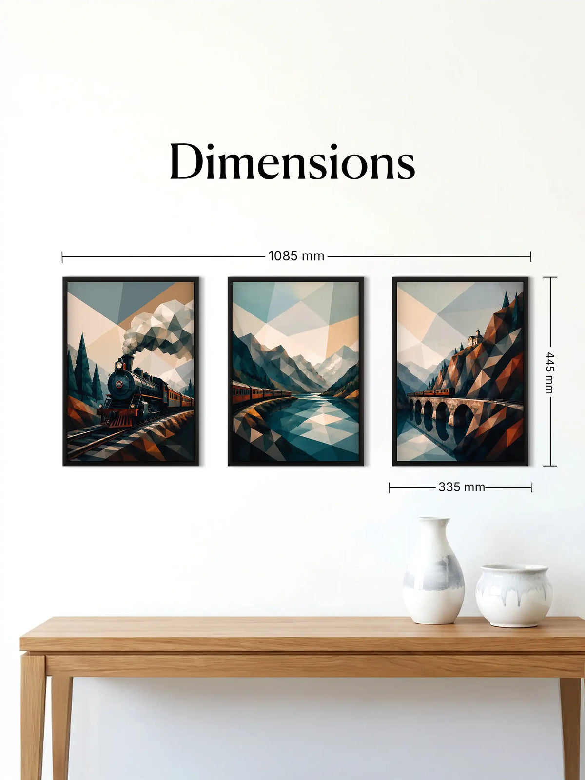 Travel and transportation wall art set of 3 - geometric train landscape artwork - mountain railway illustration - black wooden frames - Spaces Unhooked