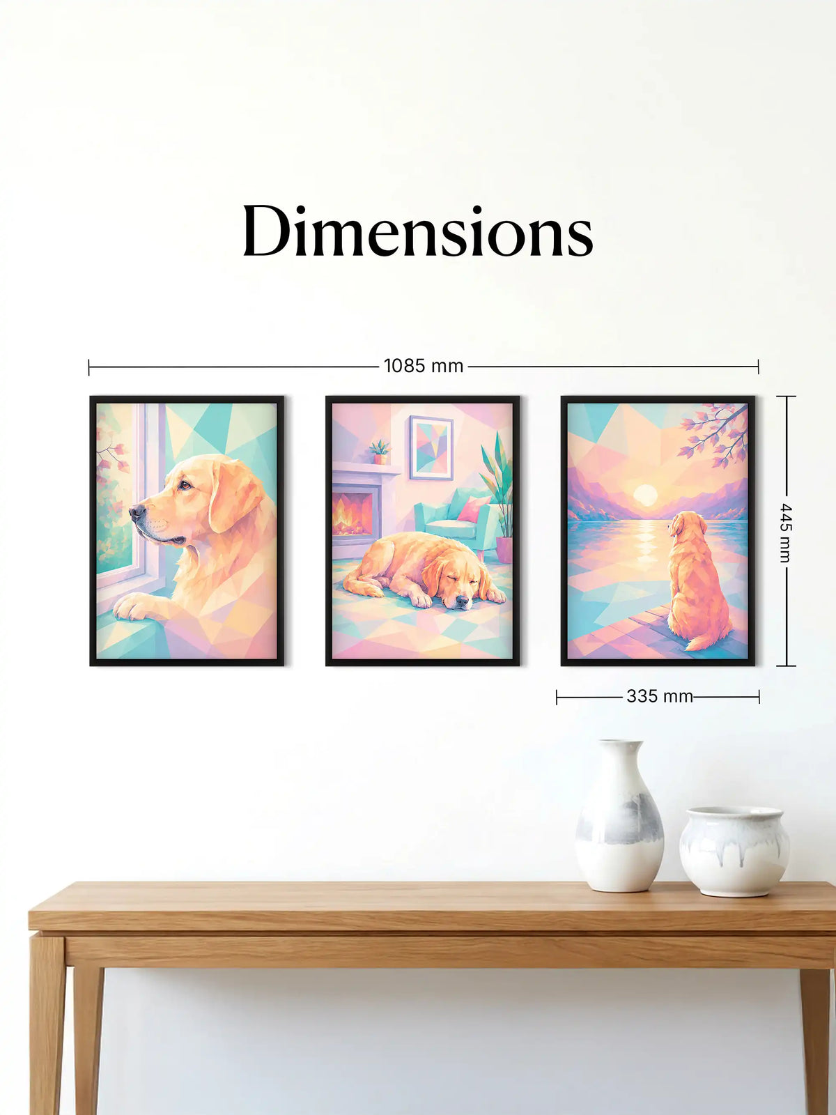 Geometric dog wall art set of 3 - contemporary pet illustration artwork - pastel animal decor - black wooden frames - Spaces Unhooked