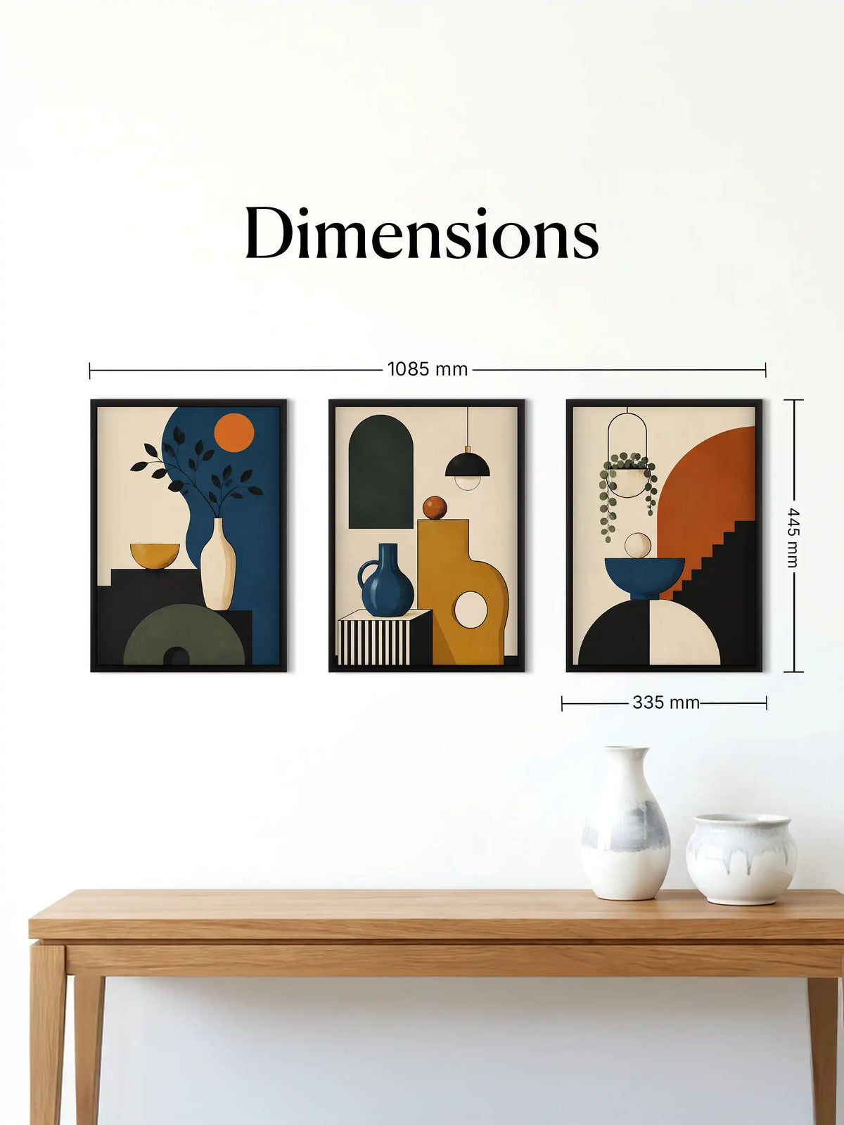Mid-century modern wall art set of 3 - geometric still life illustration - retro contemporary decor - black wooden frames - Spaces Unhooked