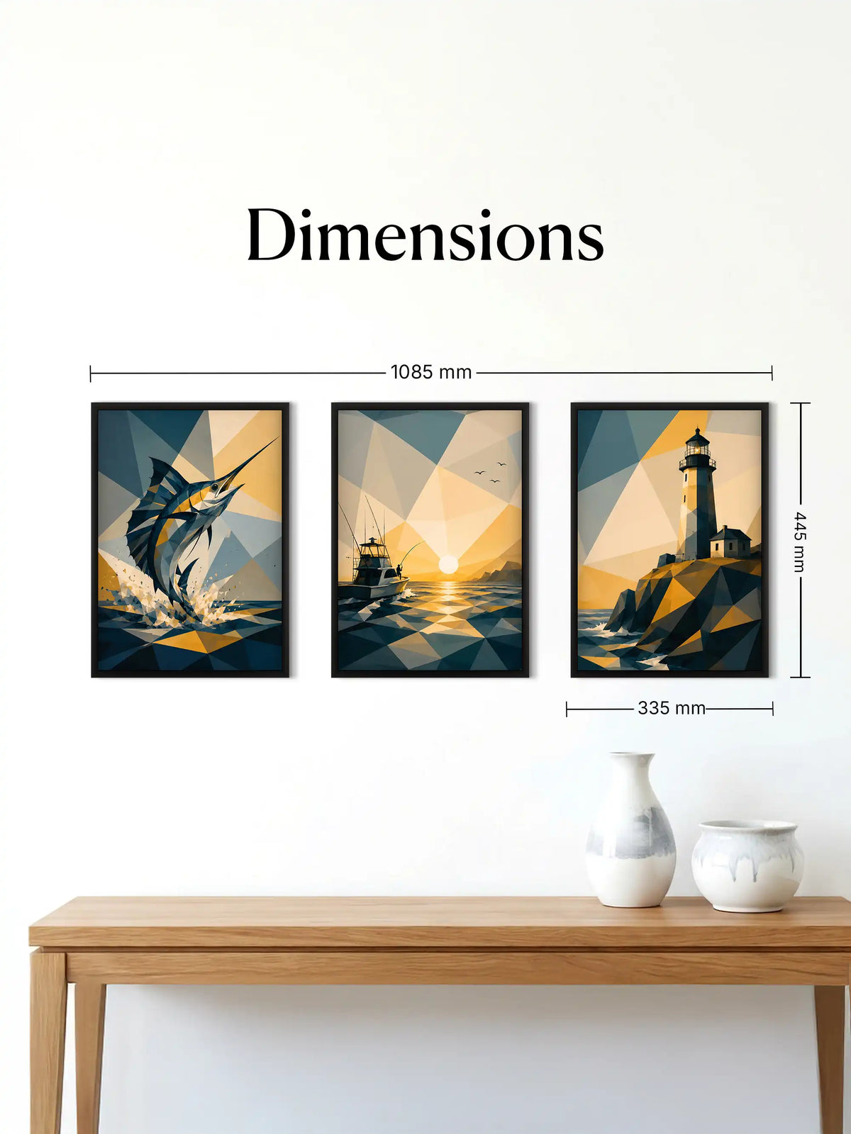 Low-poly coastal wall art set of 3 - geometric ocean illustration artwork - lighthouse and marine decor - black wooden frames - Spaces Unhooked