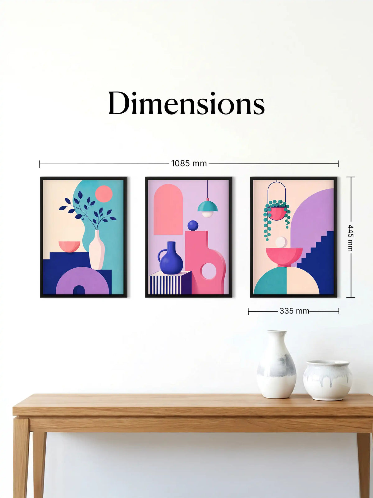 Geometric illustration wall art set of 3 - Memphis still life artwork - colorful abstract decor - black wooden frames - Spaces Unhooked