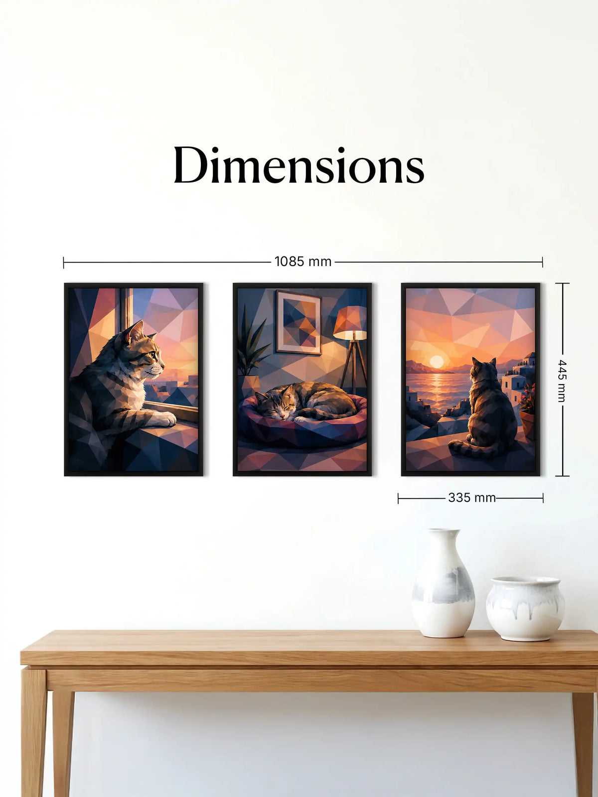 Low-poly cat wall art set of 3 - geometric pet illustration artwork - contemporary animal decor - black wooden frames - Spaces Unhooked