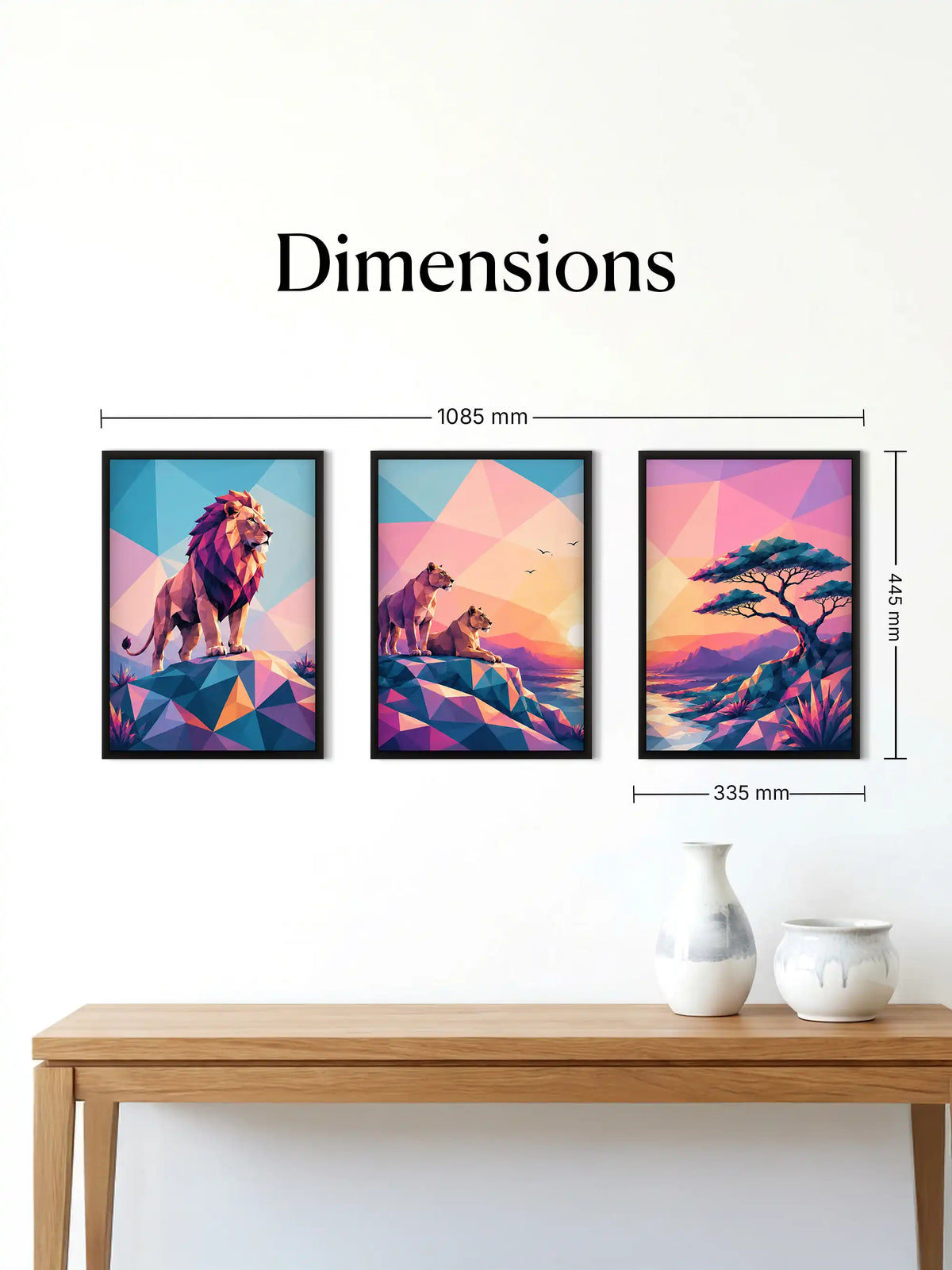 Low-poly wildlife wall art set of 3 - geometric lion illustration artwork - modern geometric decor - black wooden frames - Spaces Unhooked