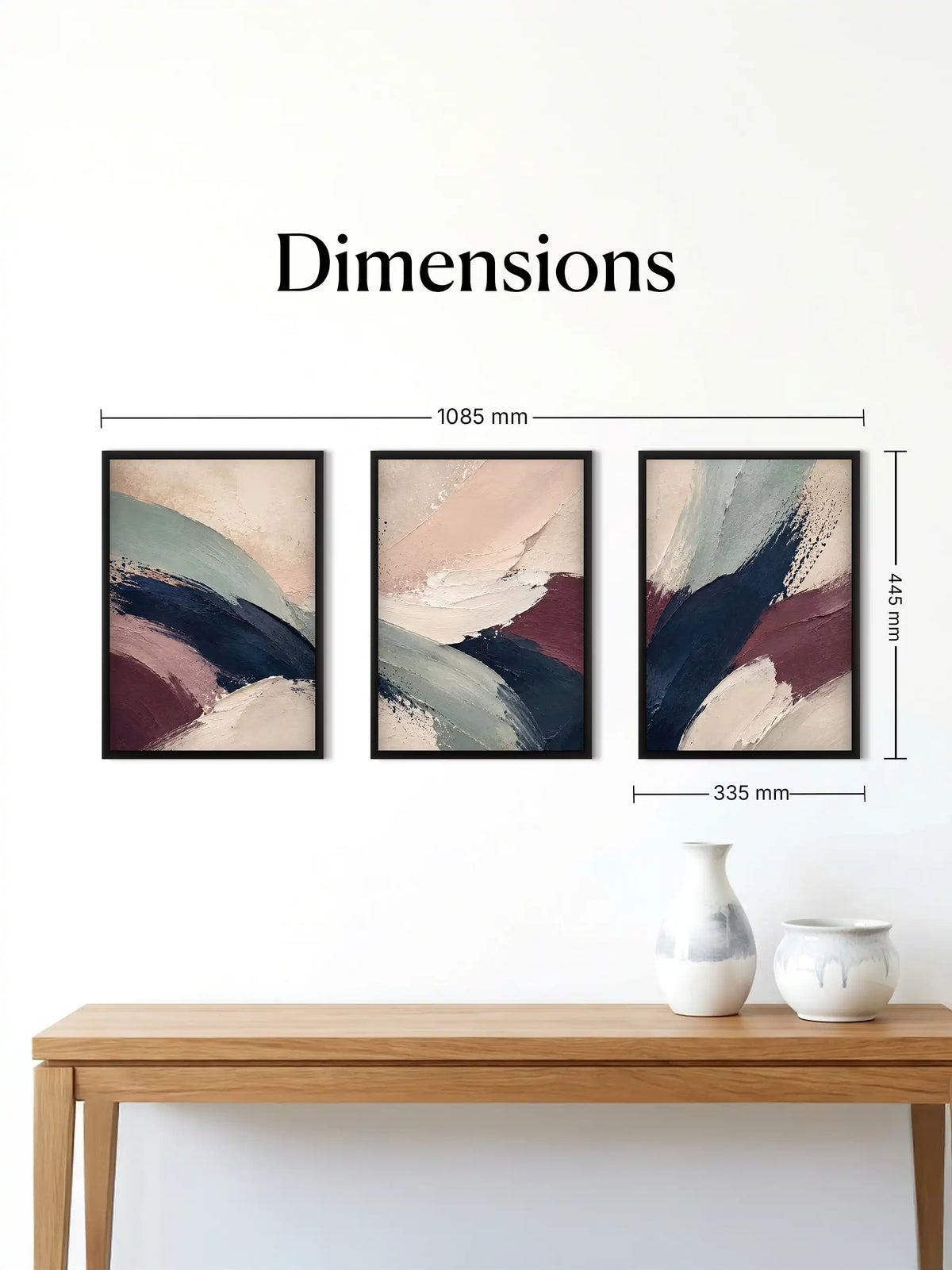 Abstract wall art set of 3 - gestural abstraction artwork - contemporary abstract forms - black wooden frames - Spaces Unhooked