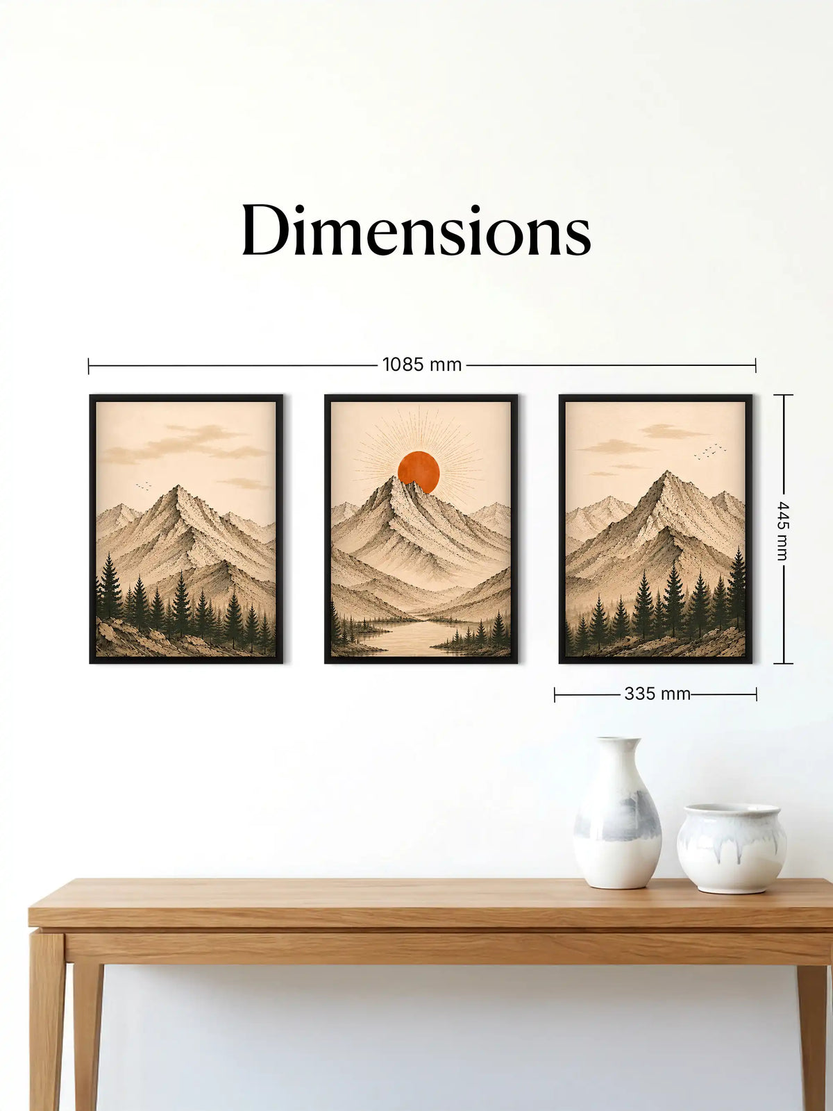 Ink Wash Illustration - Minimalist Zen Mountain Landscape Sepia - Black Wooden Wall Frames - Spaces Unhooke