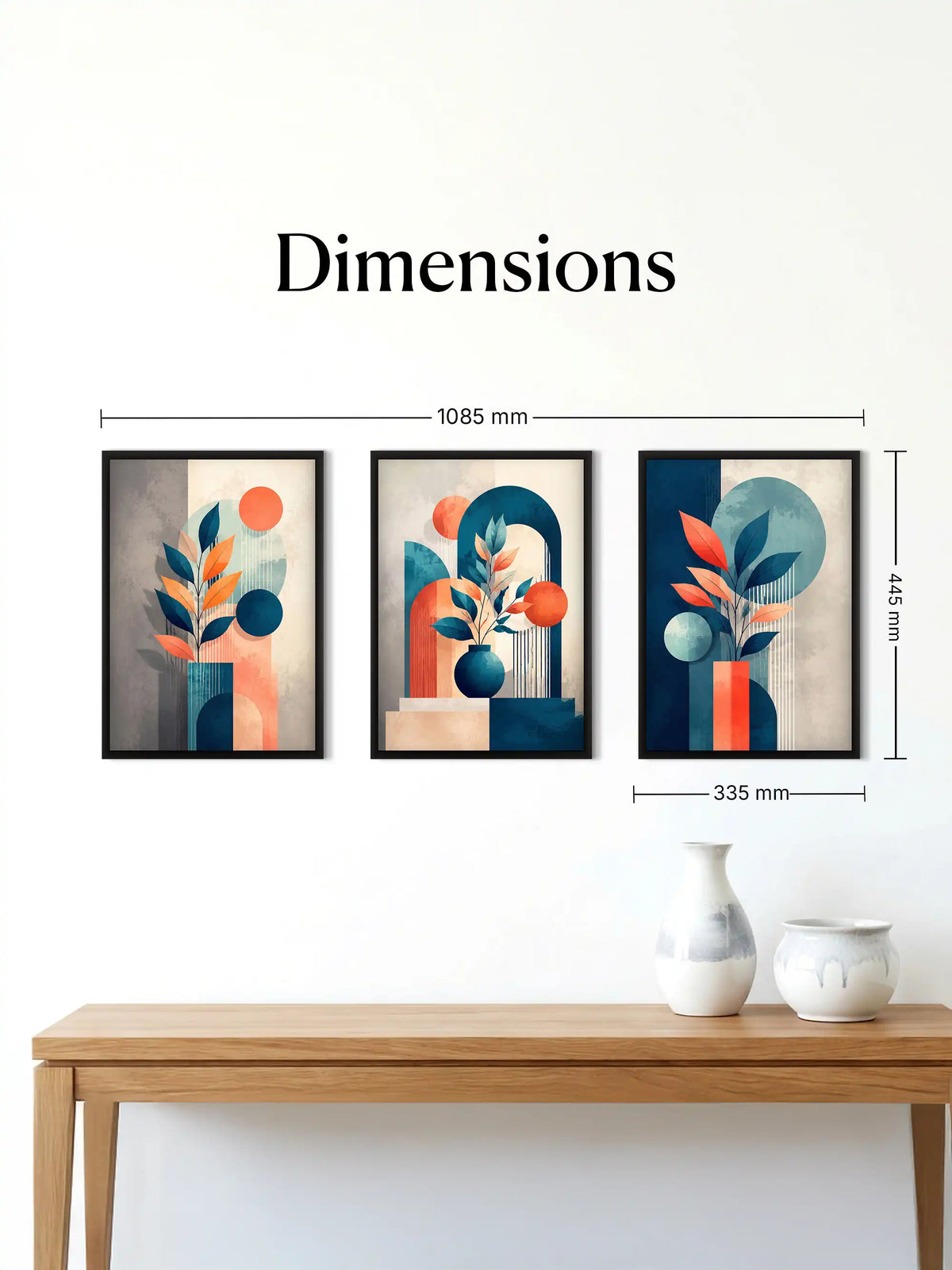 Vector Illustration - Geometric Botanical Still Life Navy Orange - Black Wooden Wall Frames - Spaces Unhooked