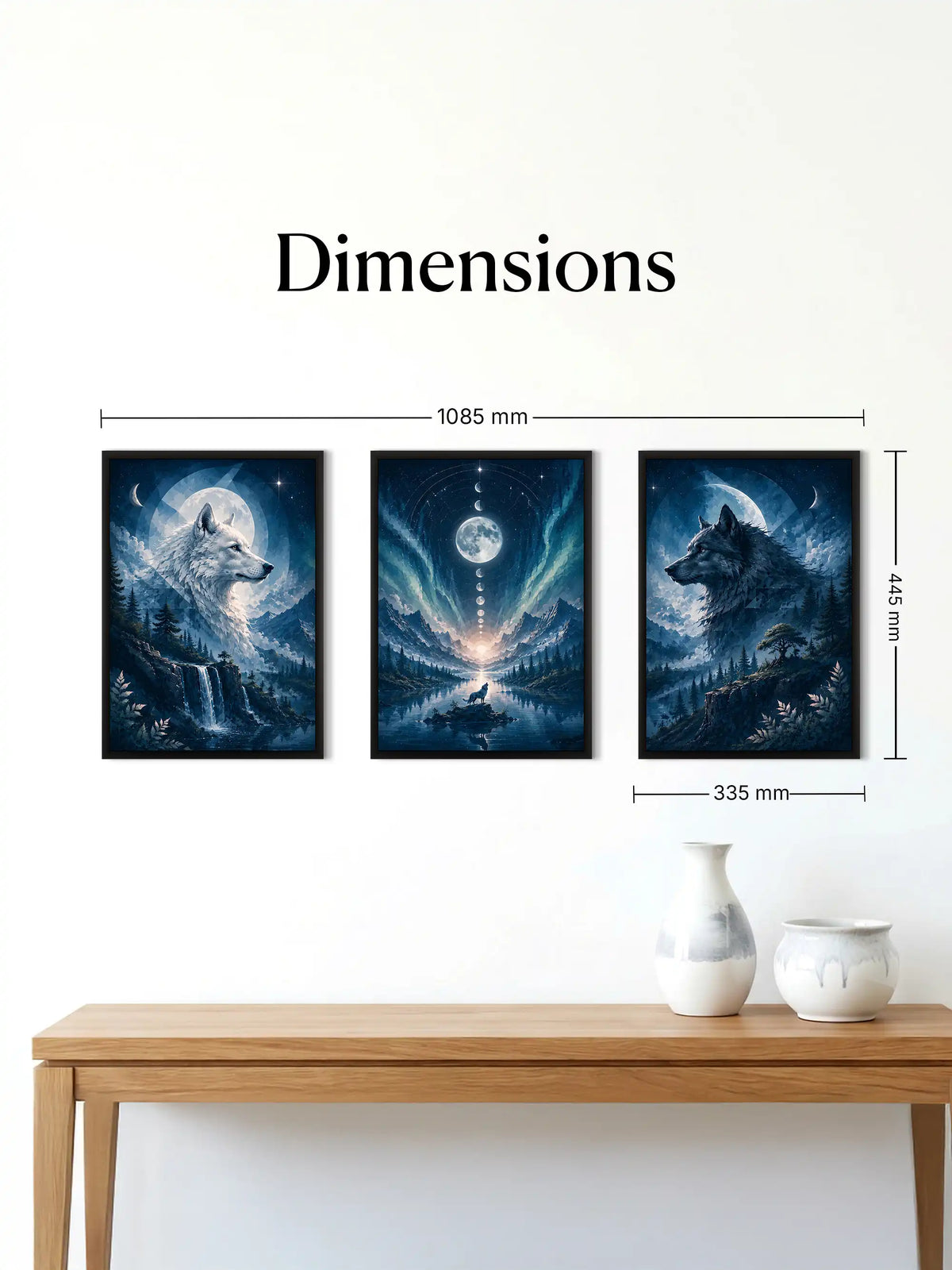 Digital Illustration - Celestial Wolf Spirit Night - Black Wooden Wall Frames - Nature Inspired Decor - Spaces Unhooked
