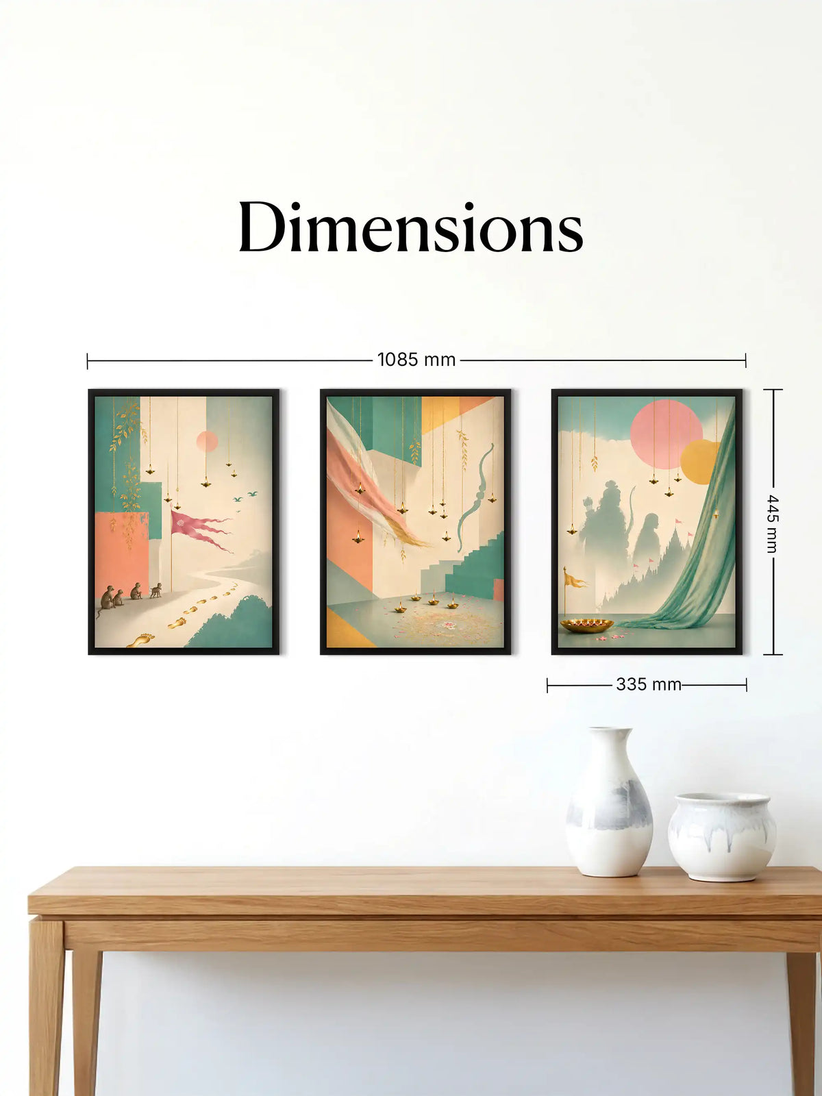 
Symbolic Minimalism - Ramayana Journey Devotion - Black Wooden Wall Frames - Contemporary Spiritual Pastel Heritage - Spaces Unhooked