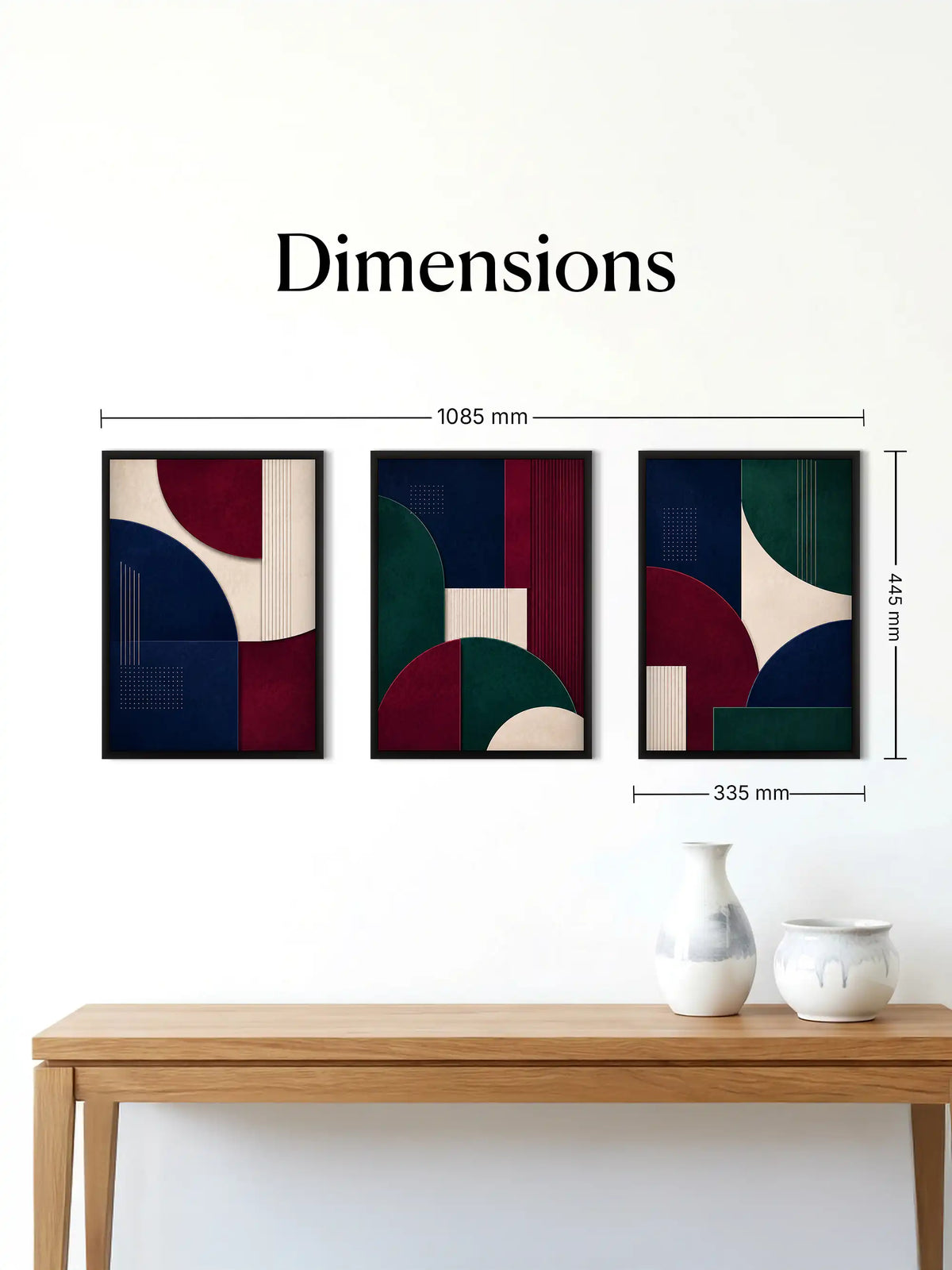 Modern Contemporary Abstract Geometry - Burgundy Navy Green - Black Wooden Wall Frames - Spaces Unhooked