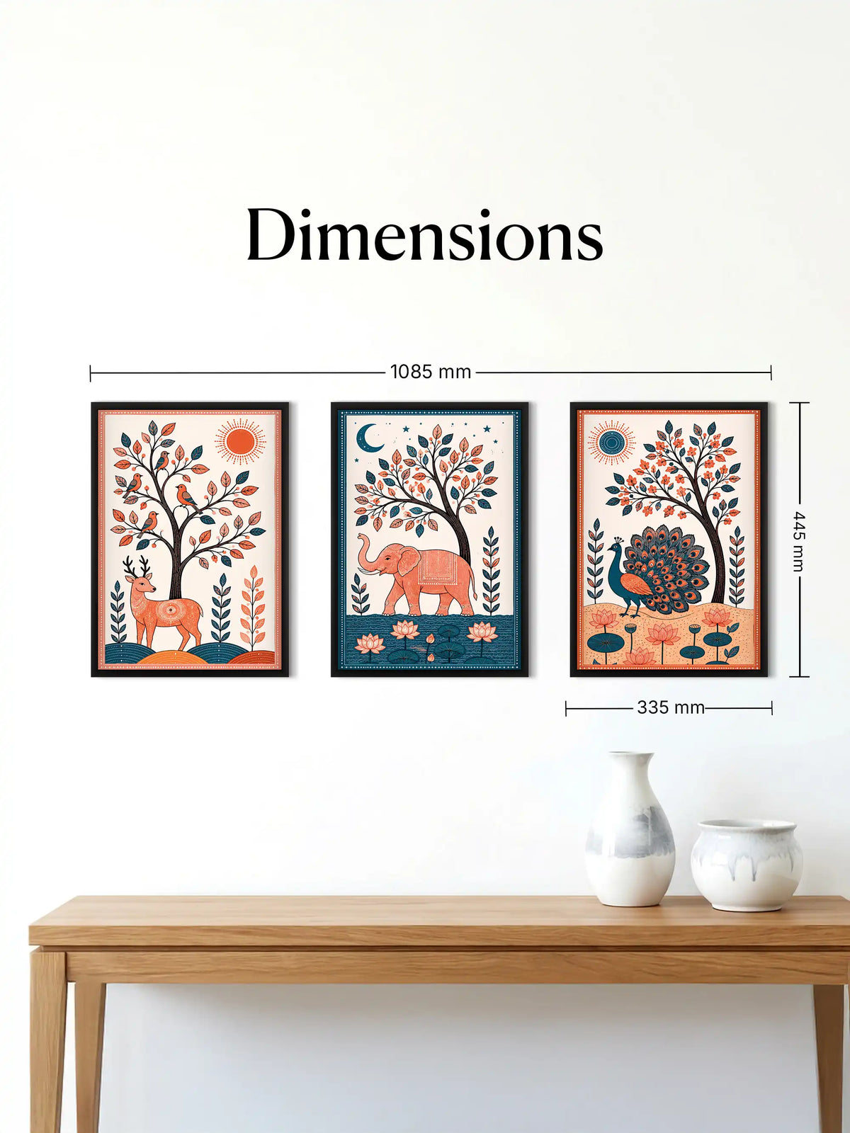 Madhubani Wildlife Art - Deer Elephant Peacock - Black Wooden Wall Frames - Traditional Modern - Spaces Unhooked