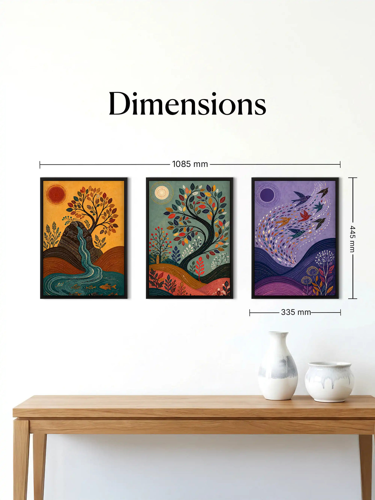 Madhubani Nature Cycle Art - River Tree Birds - Black Wooden Wall Frames - Traditional Modern - Spaces Unhooked