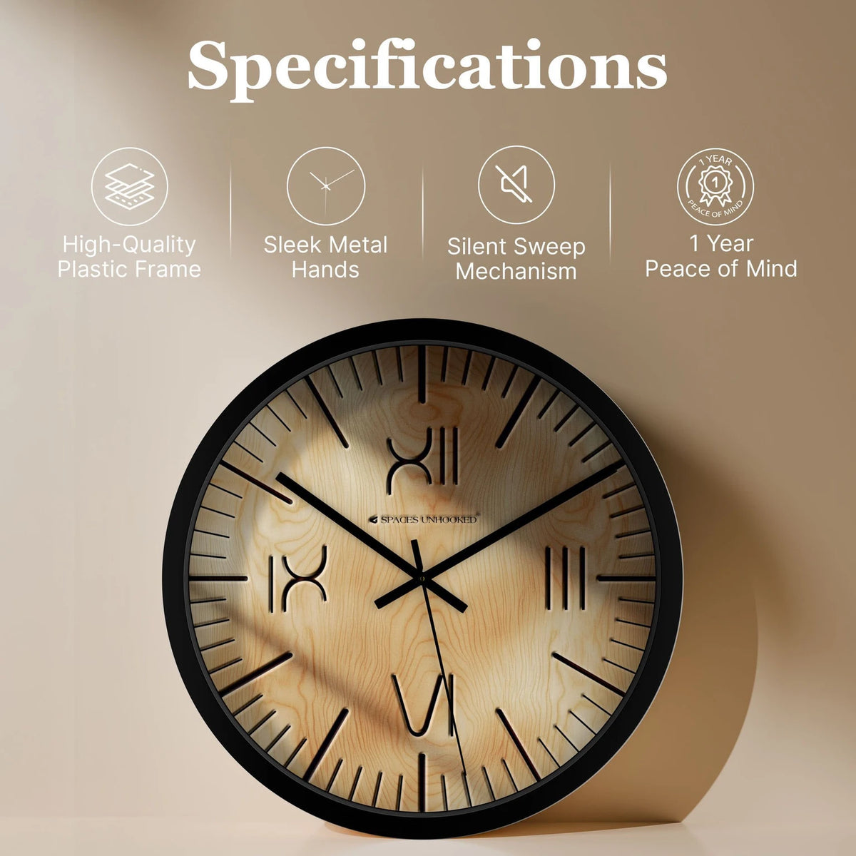 Decorative wooden wall clock with modern design beside books and indoor plant