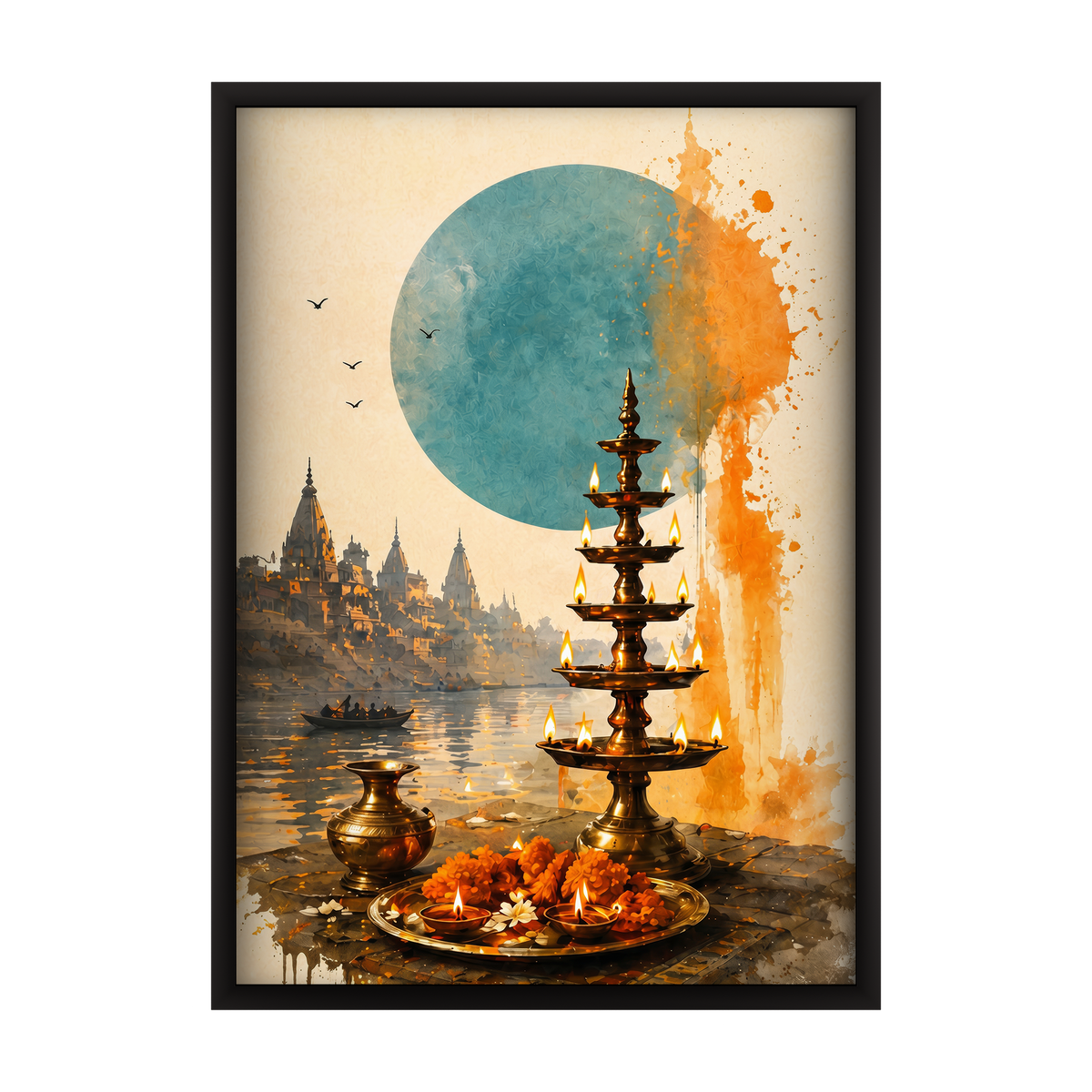 Vibrant contemporary heritage art inspired by Kashi. Set of 3 wooden framed paintings to elevate your home decor.