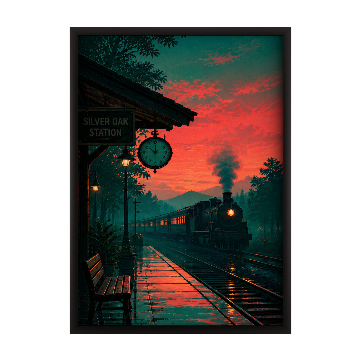 Dreamy dusk-inspired digital illustration framed in wood. Set of 3 wall art pieces perfect for contemporary spaces.