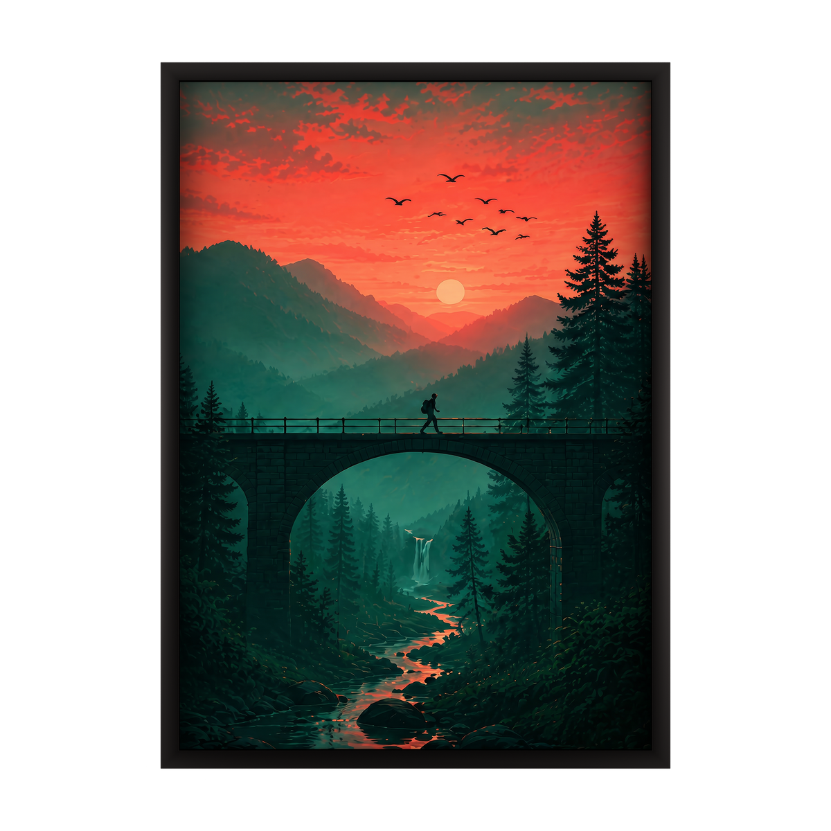 Dreamy dusk-inspired digital illustration framed in wood. Set of 3 wall art pieces perfect for contemporary spaces.