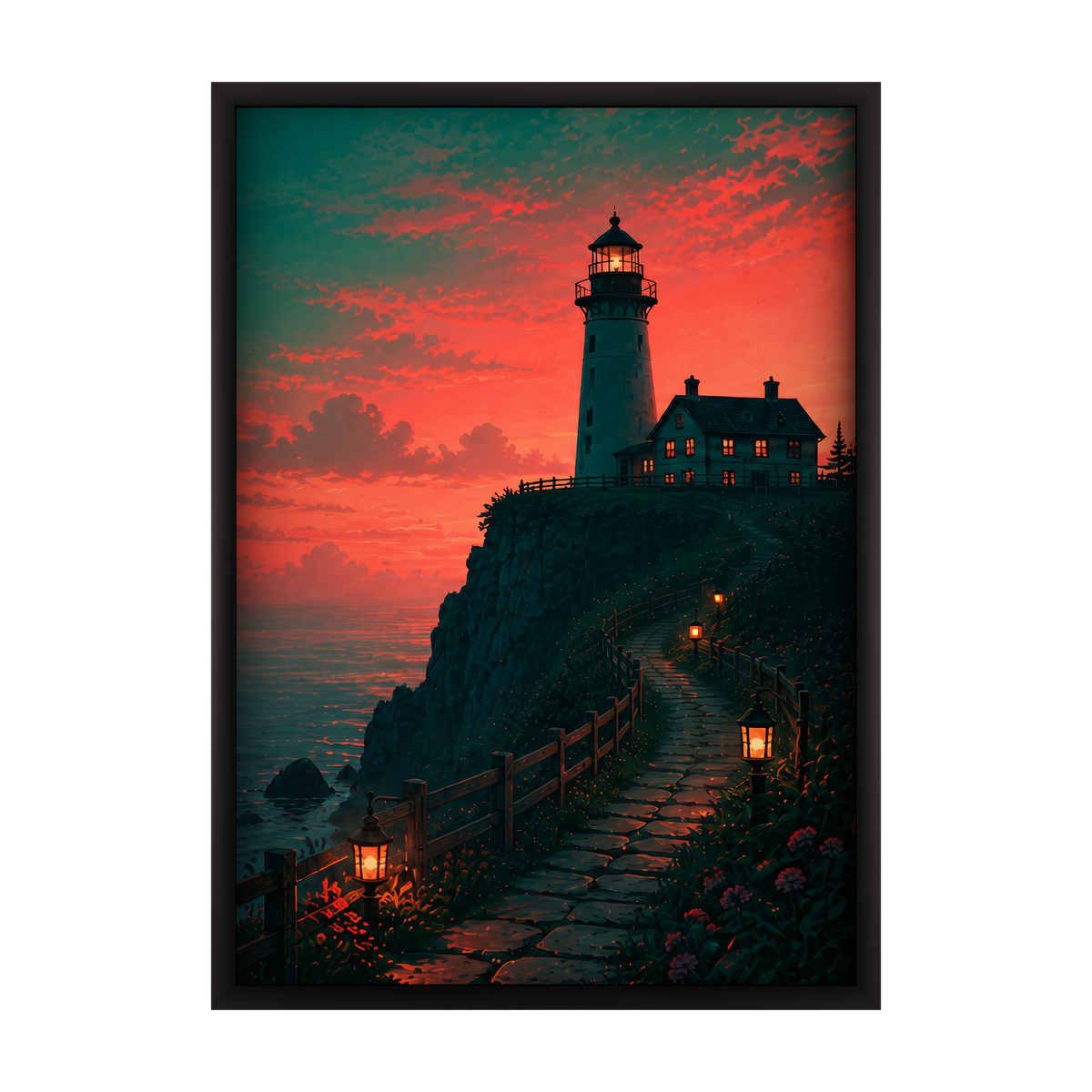 Dreamy dusk-inspired digital illustration framed in wood. Set of 3 wall art pieces perfect for contemporary spaces.