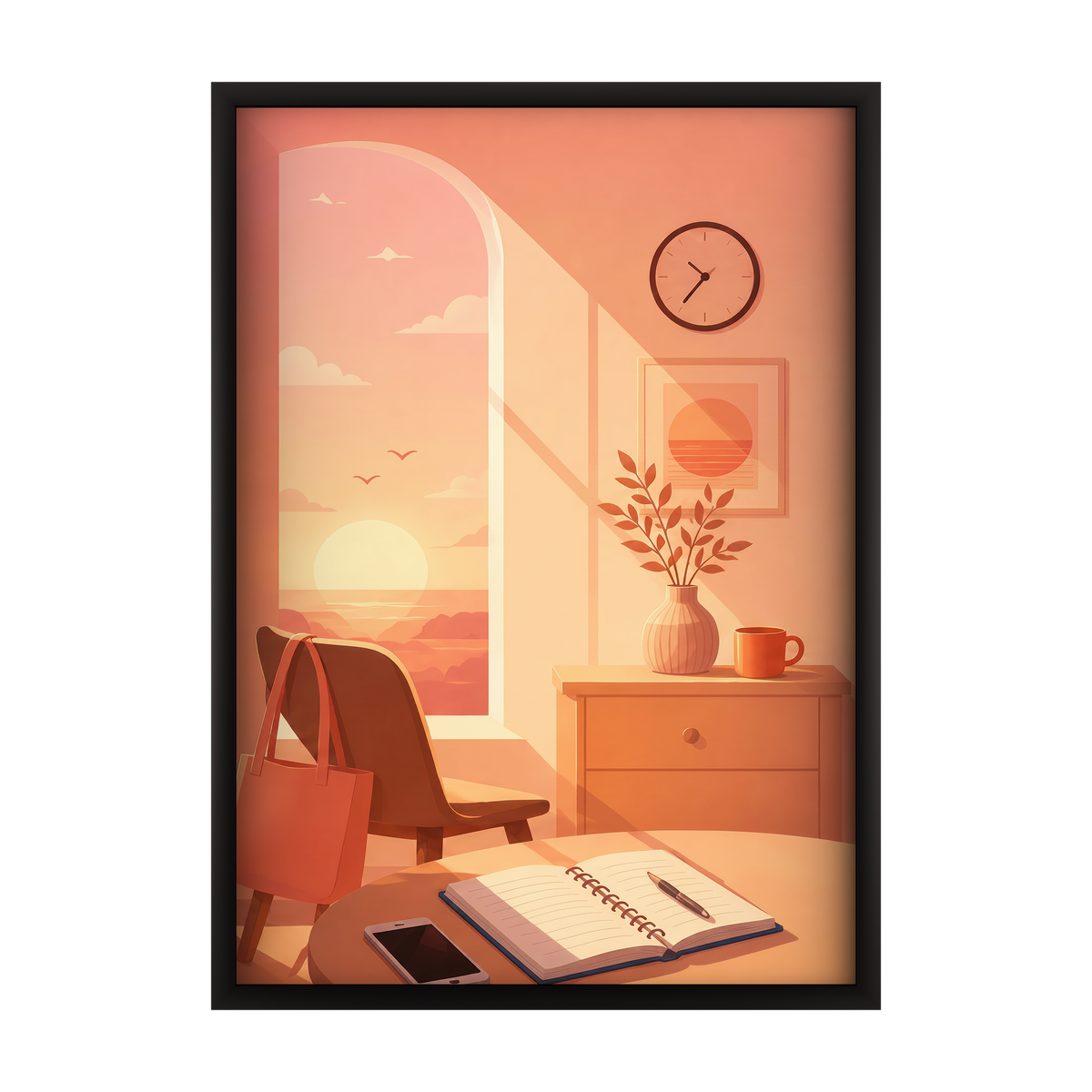 Capture the magic of golden hour with this warm digital illustration in a polished wooden frame for your walls.