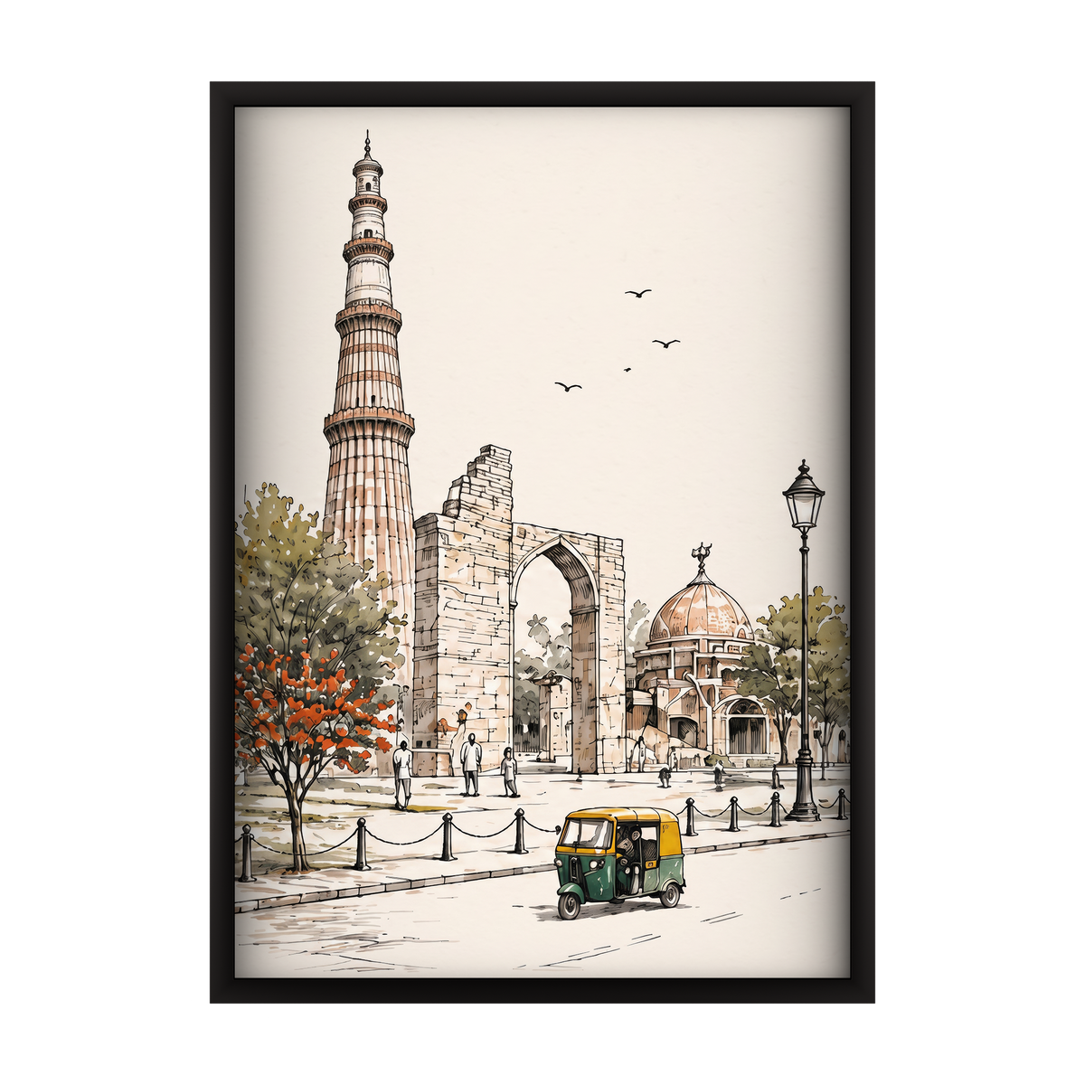 Architectural line art depicting Delhi landmarks in a set of 3 wooden wall frames