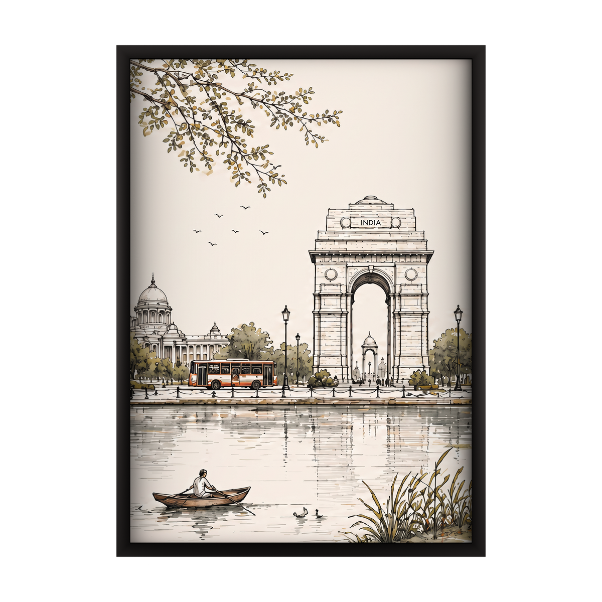 Architectural line art depicting Delhi landmarks in a set of 3 wooden wall frames
