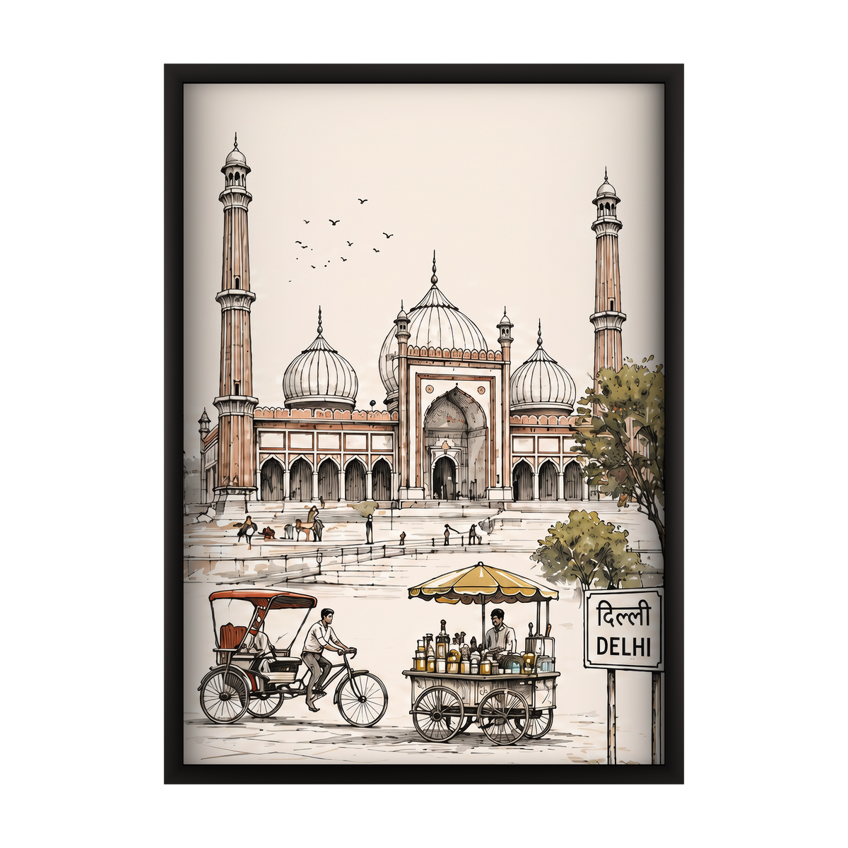 Architectural line art depicting Delhi landmarks in a set of 3 wooden wall frames